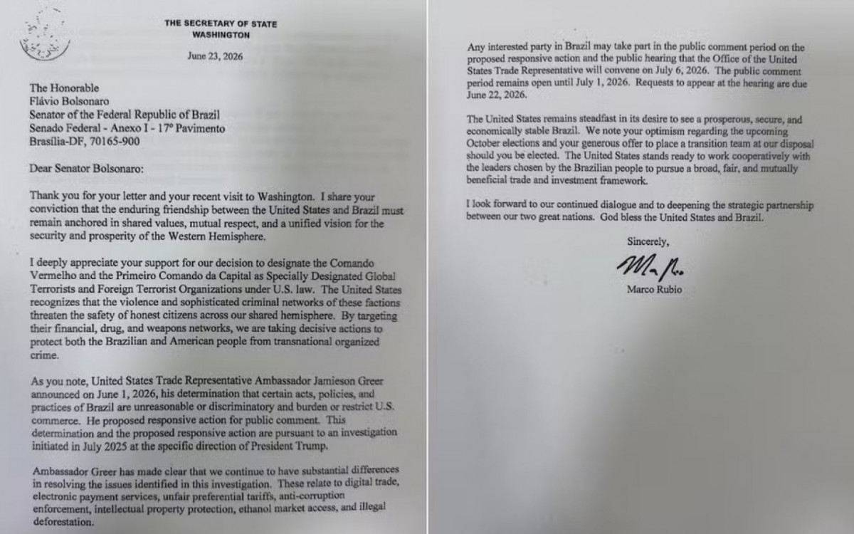 Carta de Rubio foi endereçada ao gabinete de Flávio Bolsonaro