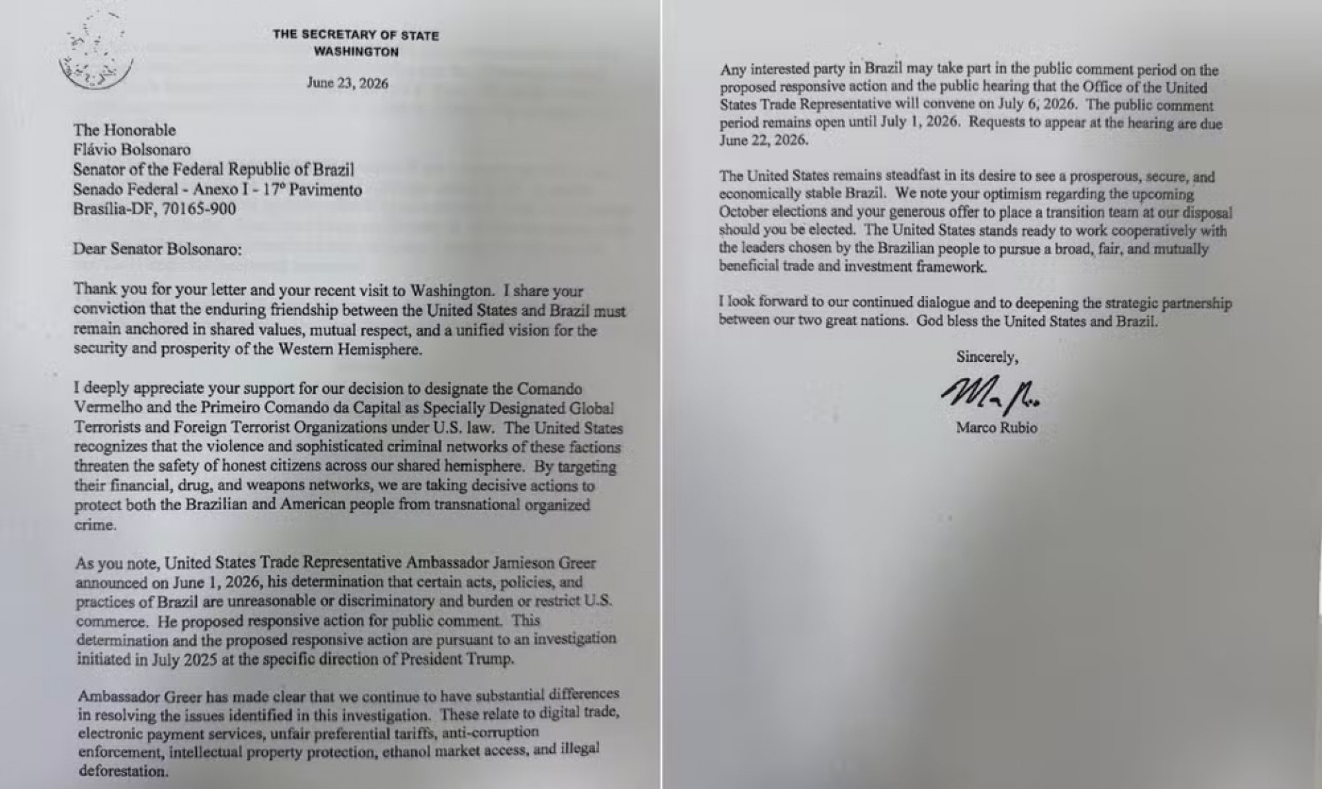 Carta de Rubio foi endere&ccedil;ada ao gabinete de Fl&aacute;vio Bolsonaro - Reprodu&ccedil;&atilde;o / Redes sociais