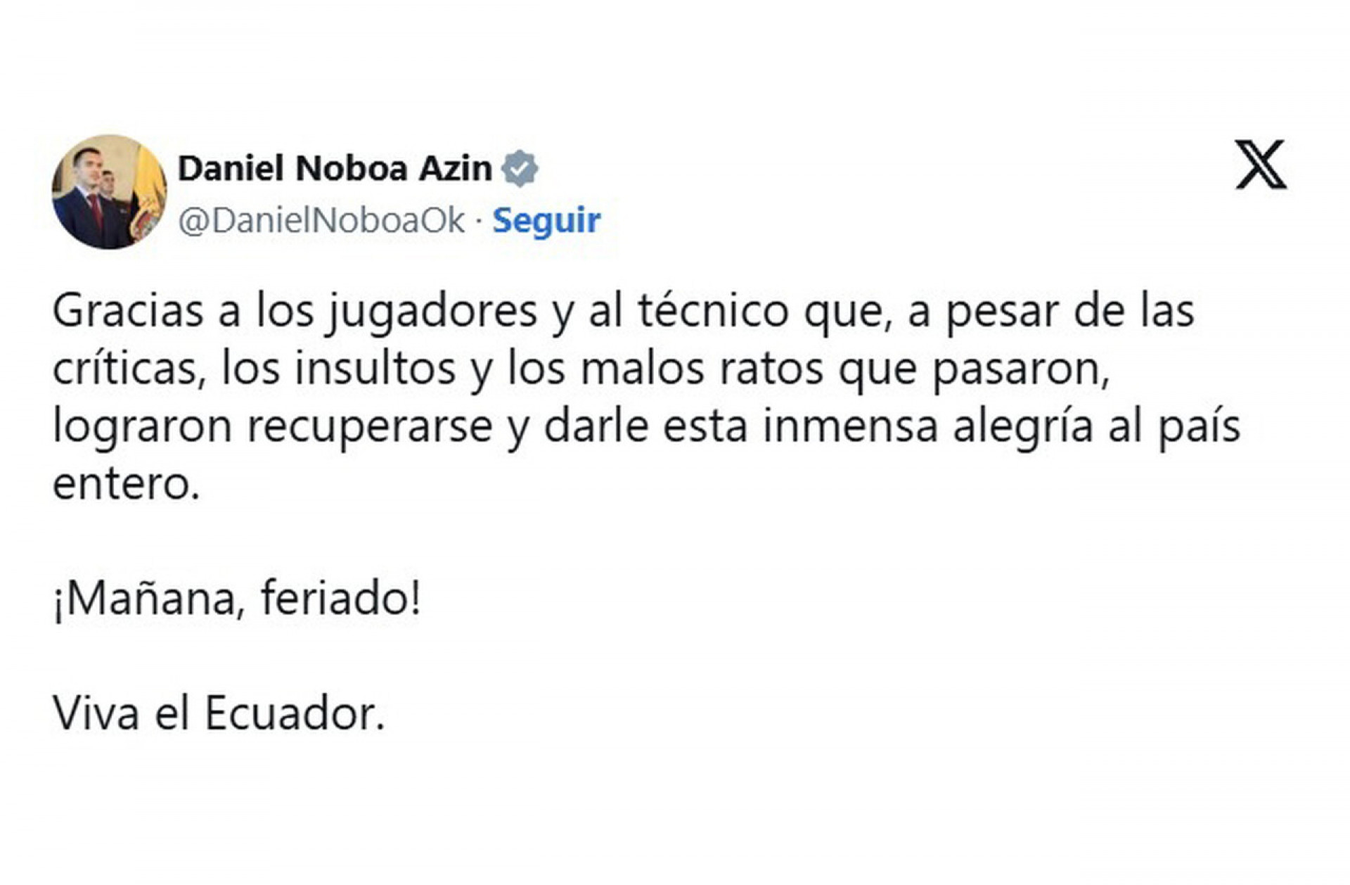 Presidente do Equador decreta feriado nacional ap&oacute;s vit&oacute;ria sobre a Alemanha