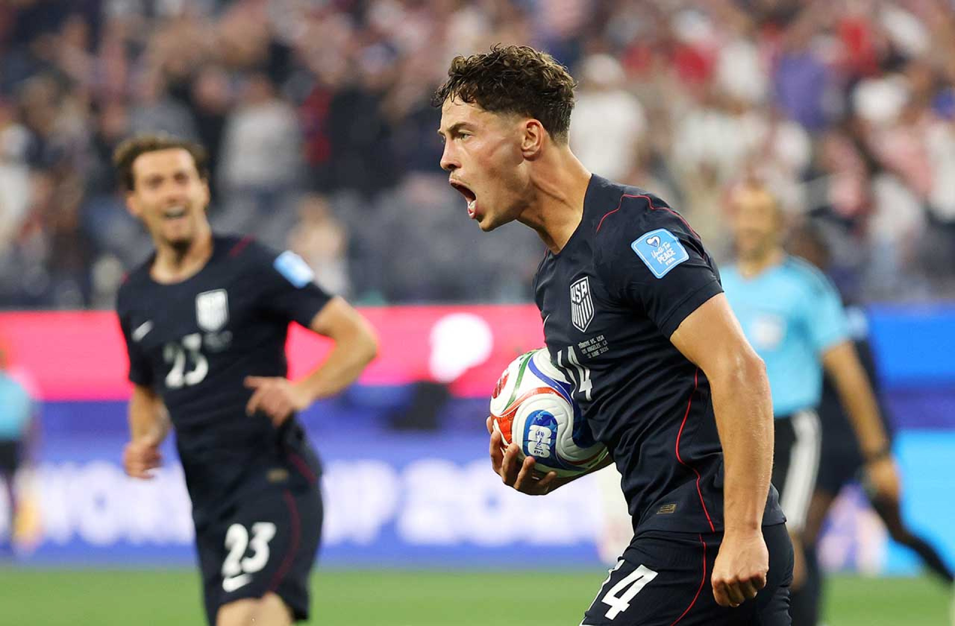 INGLEWOOD, CALIFORNIA - JUNE 25: Sebastian Berhalter #14 of the United States celebrates scoring his team's second goal during the FIFA World Cup 2026 Group D match between T&uuml;rkiye and USA at Los Angeles Stadium on June 25, 2026 in Inglewood, California. (Photo by Jamie Squire/Getty Images)