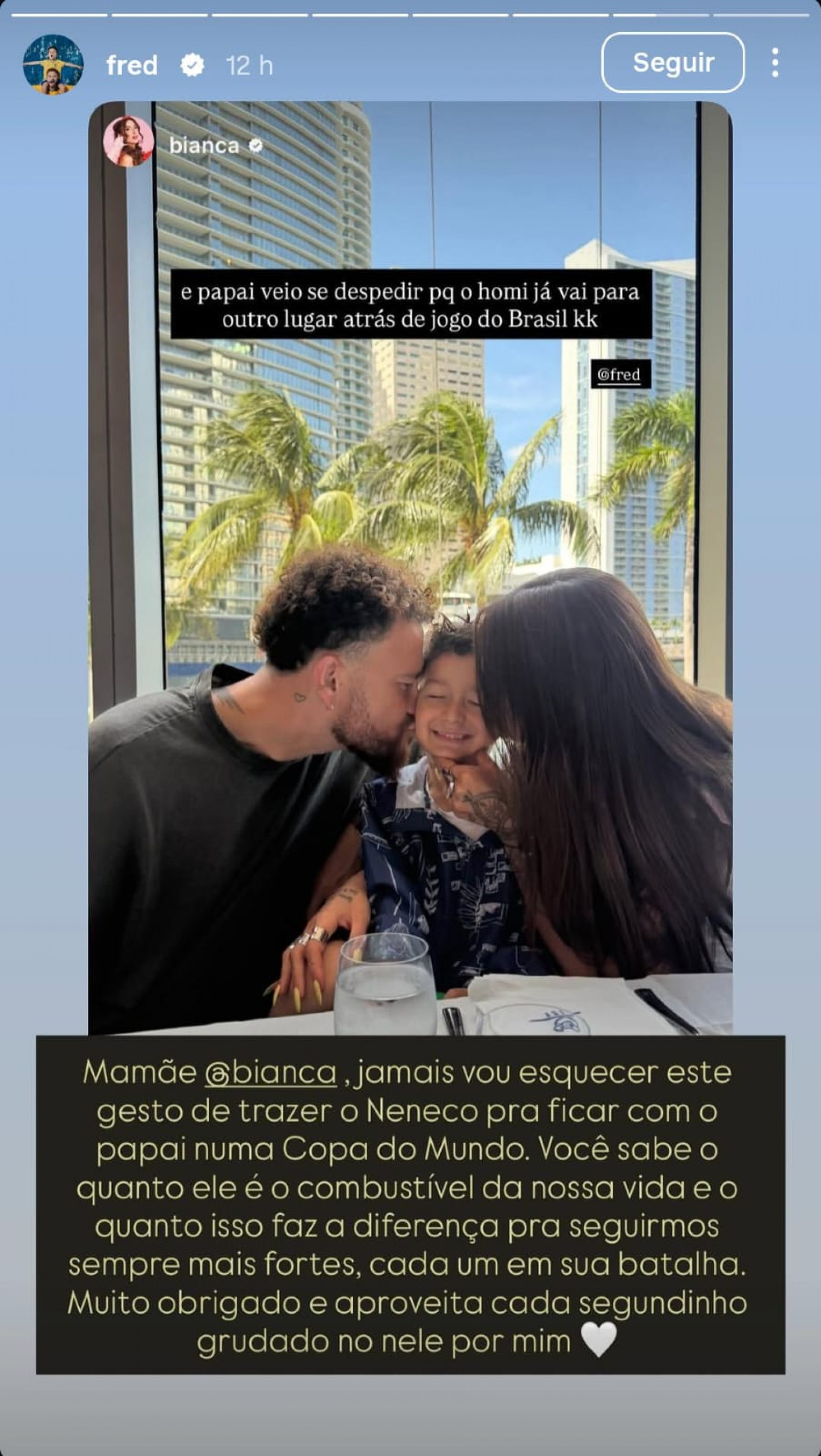 Fred Bruno agradeceu Bianca Andrade por viagem com o filho nos Estados Unidos - Reprodução / Instagram