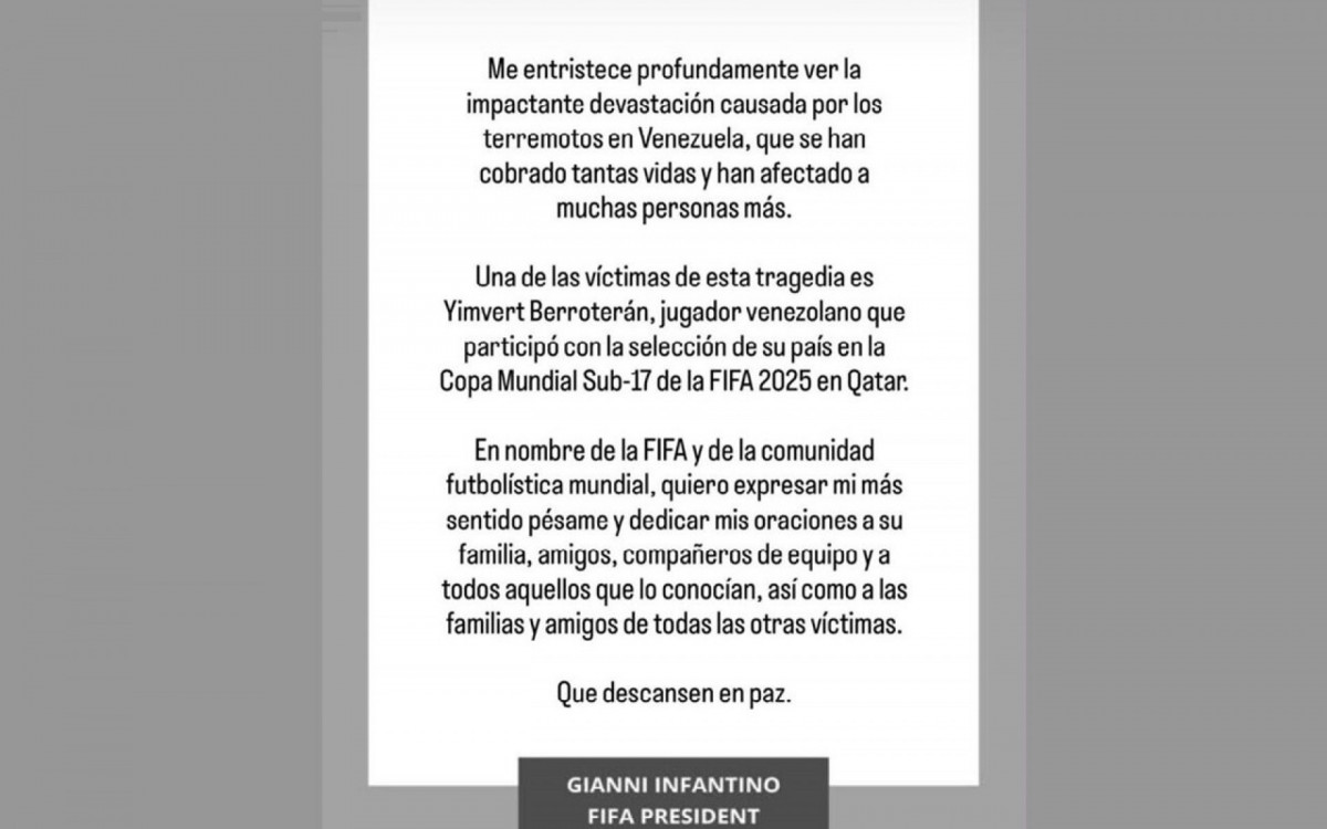 Fifa emite comunicado sobre morte de jogador em terremoto na Venezuela
