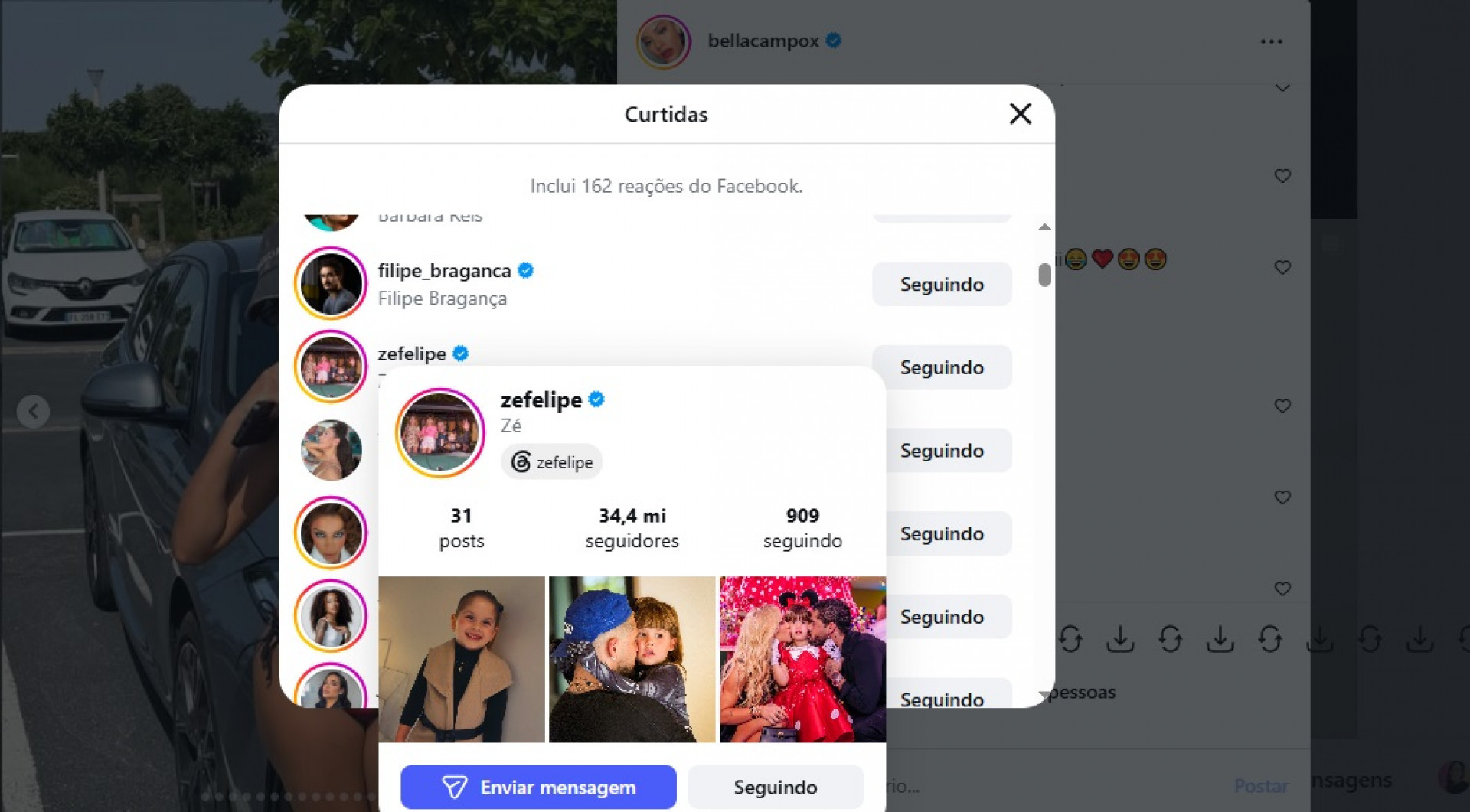 Curtida de Zé Felipe em fotos de Bella Campos na praia agita a web - Reprodução Instagram