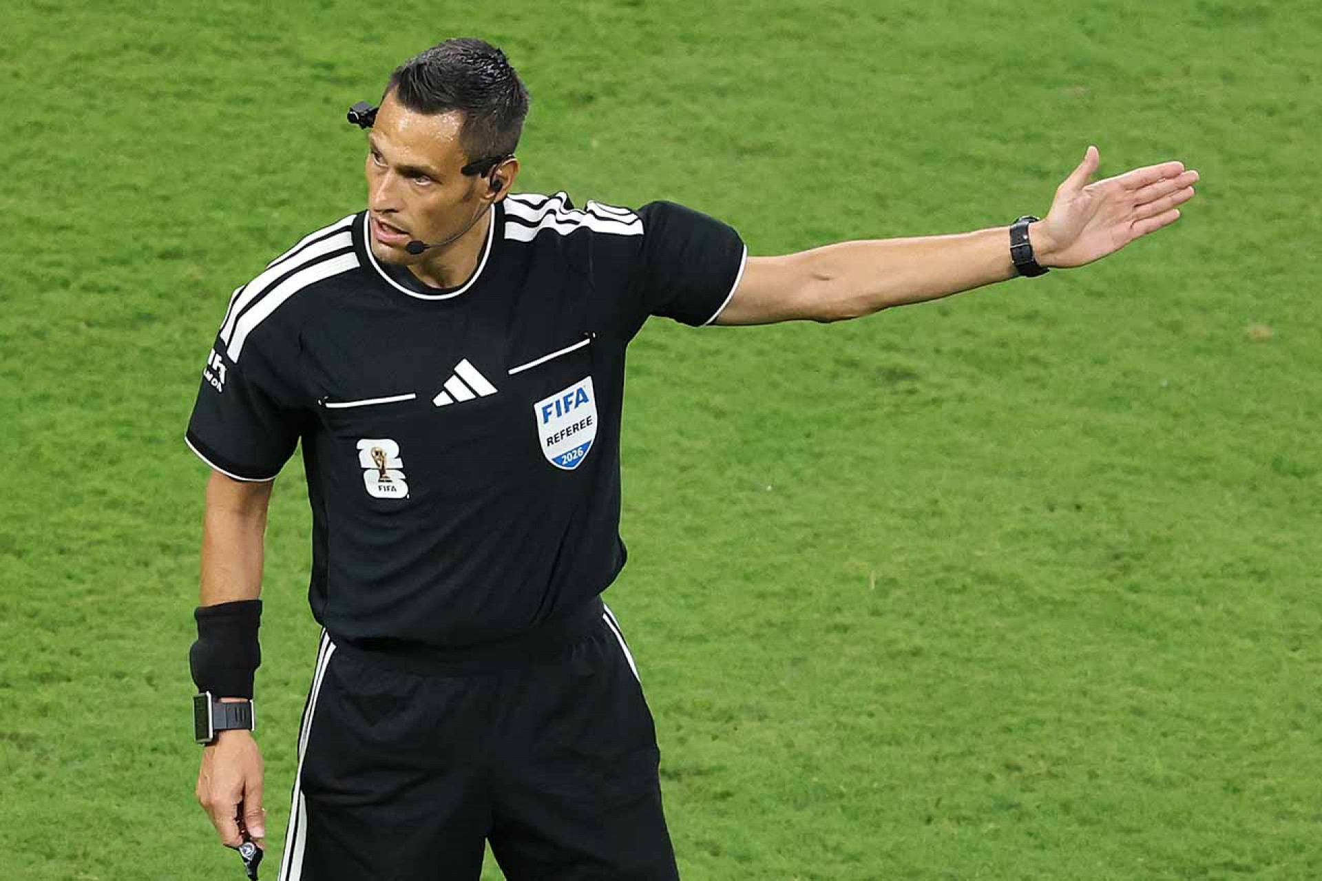 ZAPOPAN, MEXICO - JUNE 23: Referee Maurizio Mariani gestures during the FIFA World Cup 2026 Group K match between Colombia and Congo DR at Guadalajara Stadium on June 23, 2026 in Zapopan, Mexico. (Photo by Luke Hales/Getty Images)