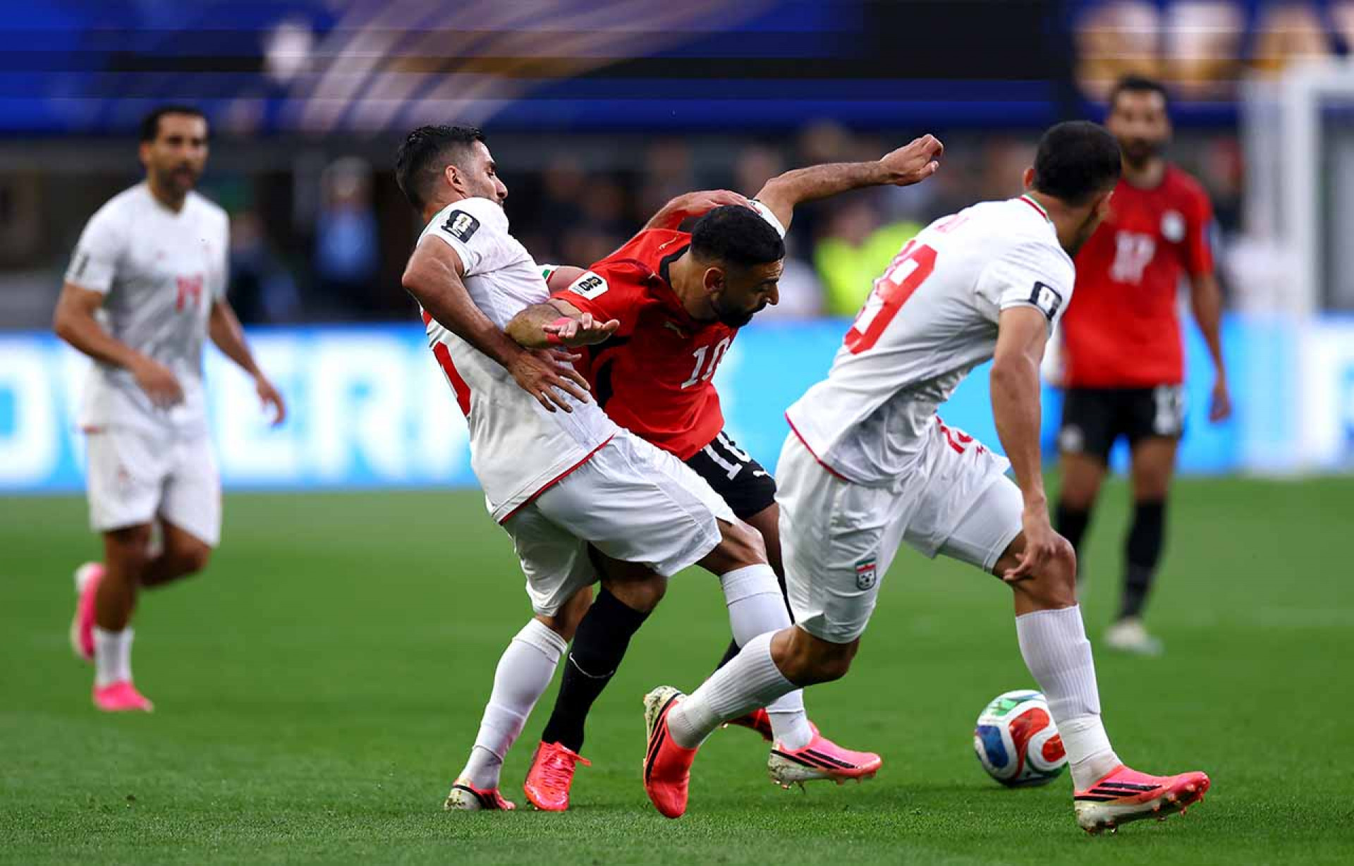 SEATTLE, WASHINGTON - JUNE 26: Mohamed Salah #10 of Egypt  competes for the ball during the FIFA World Cup 2026 Group G match between Egypt and IR Iran at Seattle Stadium on June 26, 2026 in Seattle, Washington. (Photo by Dean Mouhtaropoulos/Getty Images)