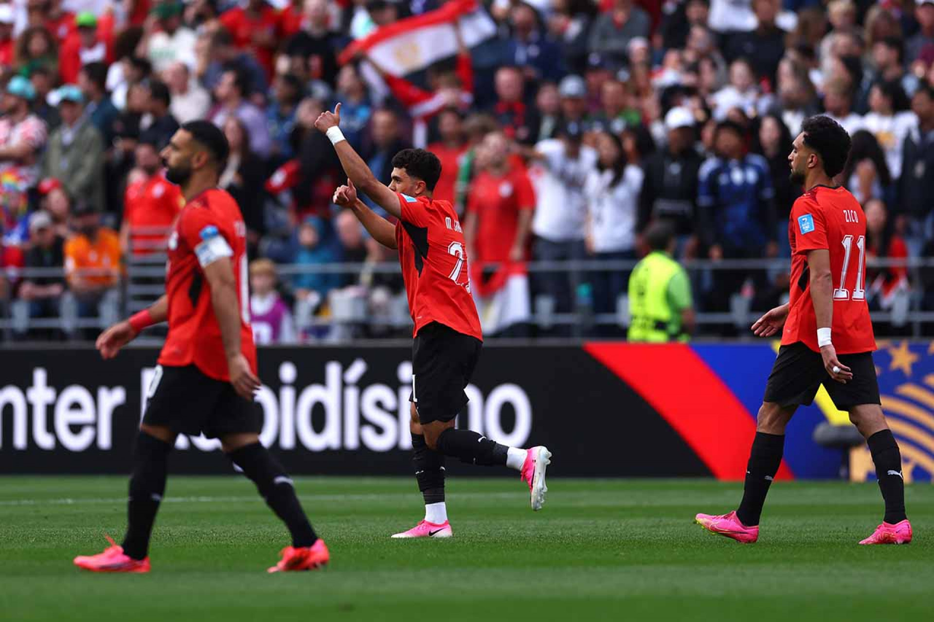 SEATTLE, WASHINGTON - JUNE 26: Mahmoud Saber #21 of Egypt celebrates scoring his team's first goal during the FIFA World Cup 2026 Group G match between Egypt and IR Iran at Seattle Stadium on June 26, 2026 in Seattle, Washington. (Photo by Dean Mouhtaropoulos/Getty Images)