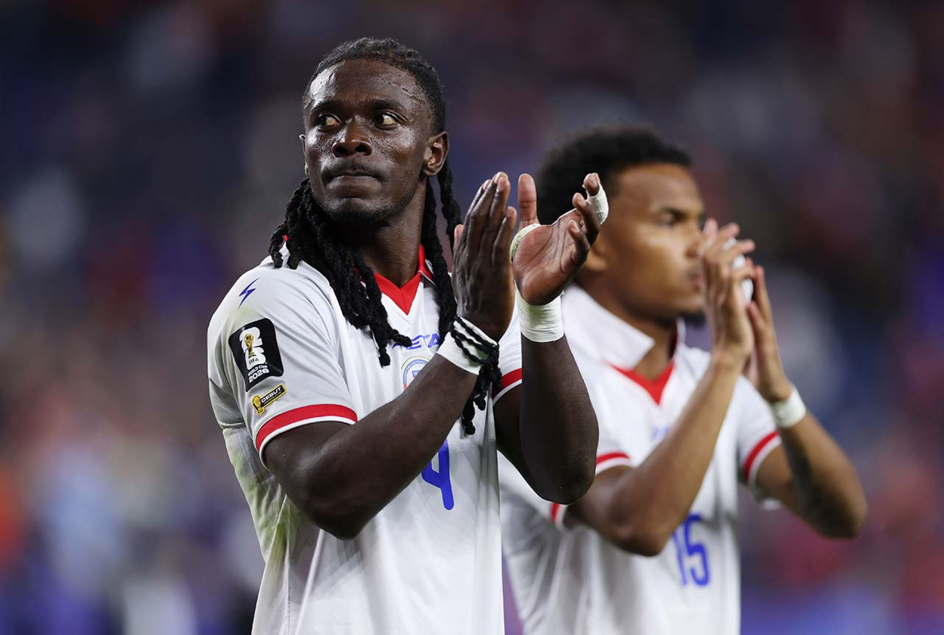 FOXBOROUGH, MASSACHUSETTS - JUNE 13: Ricardo Ade #4 of Haiti applauds fans after the team's 0-1 defeat in the FIFA World Cup 2026 Group C match between Haiti and Scotland at Boston Stadium on June 13, 2026 in Foxborough, Massachusetts. (Photo by Justin Setterfield/Getty Images)