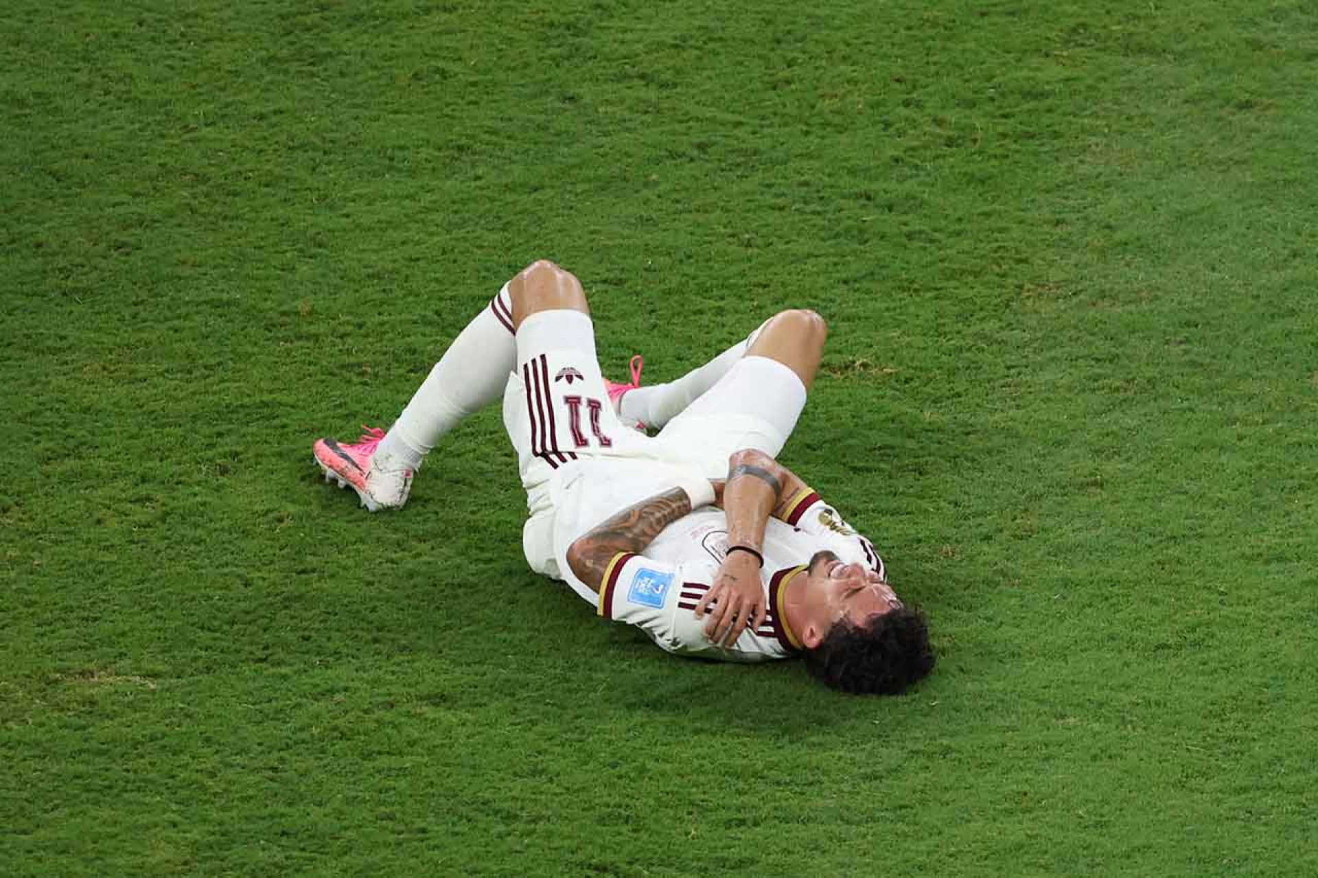 ZAPOPAN, MEXICO - JUNE 26: Yeremy Pino #11 of Spain lies on the pitch during the FIFA World Cup 2026 Group H match between Uruguay and Spain at Guadalajara Stadium on June 26, 2026 in Zapopan, Mexico. (Photo by Luke Hales/Getty Images)