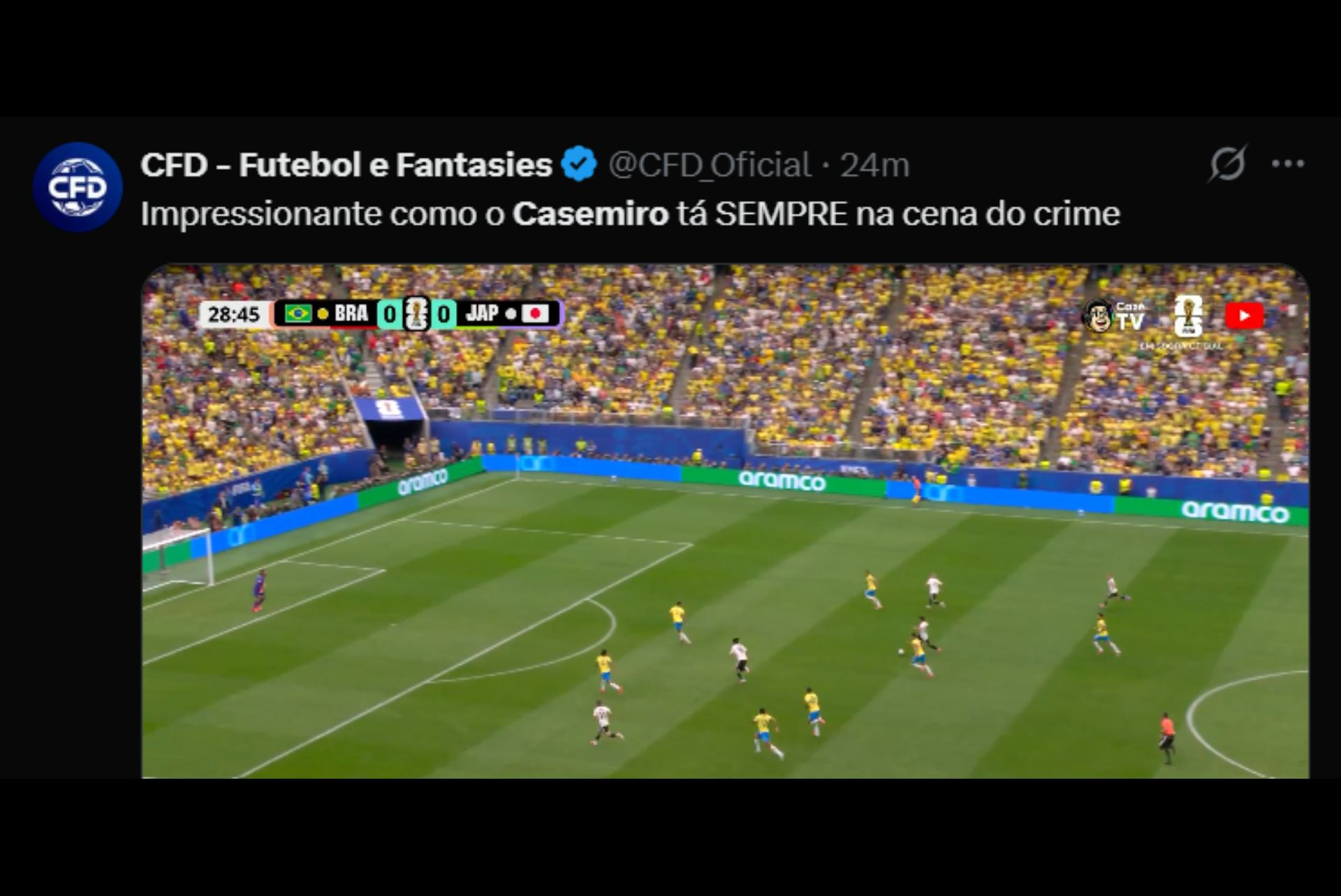 Torcedores criticam atuação de Casemiro no primeiro tempo contra o Japão - Reprodução / X