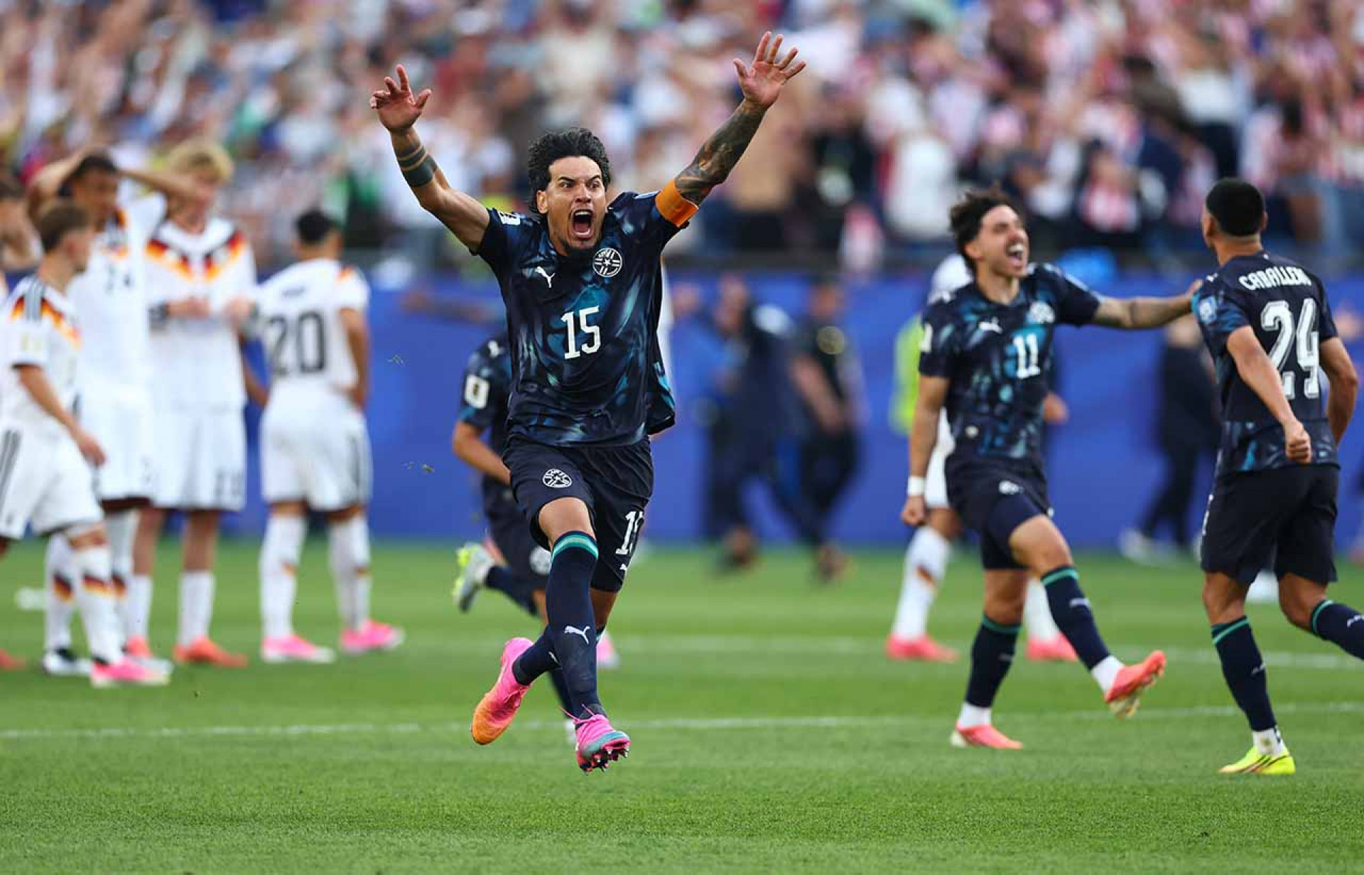 FOXBOROUGH, MASSACHUSETTS - JUNE 29: Gustavo Gomez #15 of Paraguay celebrates after Jose Canale #13 scores the winning penalty in a penalty shootout during the FIFA World Cup 2026 Round Of 32 match between Germany and Paraguay at Boston Stadium on June 29, 2026 in Foxborough, Massachusetts. (Photo by Robert Cianflone/Getty Images)