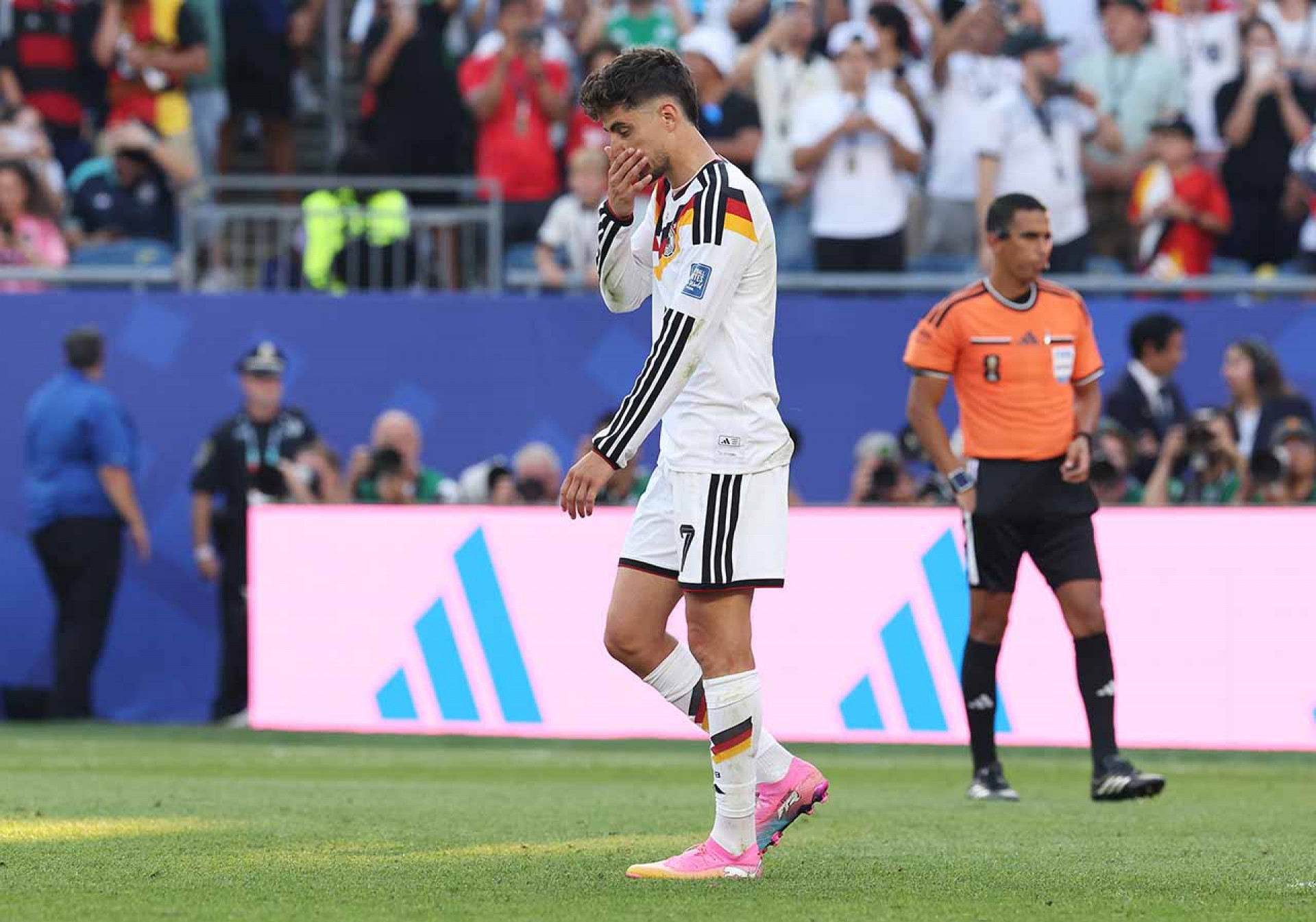FOXBOROUGH, MASSACHUSETTS - JUNE 29: Kai Havertz #7 of Germany reacts after missing the first penalty in a penalty shootout during the FIFA World Cup 2026 Round Of 32 match between Germany and Paraguay at Boston Stadium on June 29, 2026 in Foxborough, Massachusetts. (Photo by Alexander Hassenstein/Getty Images)