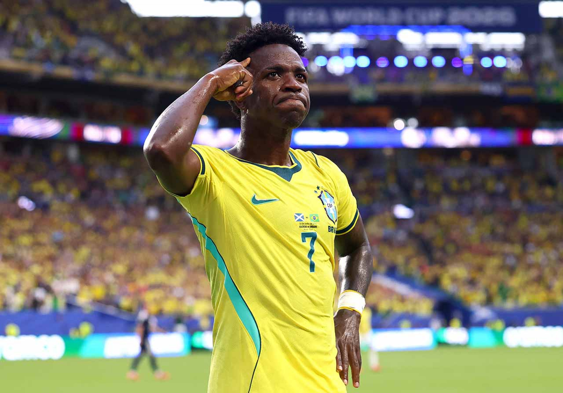 MIAMI GARDENS, FLORIDA - JUNE 24: Vinicius Junior #7 of Brazil celebrates scoring his team's second goal during the FIFA World Cup 2026 Group C match between Scotland and Brazil at Miami Stadium on June 24, 2026 in Miami Gardens, Florida. (Photo by Megan Briggs/Getty Images)