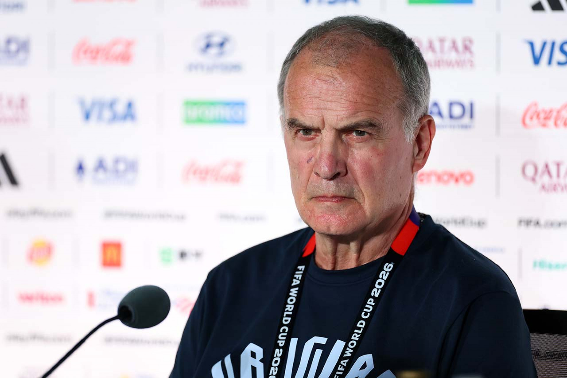 ZAPOPAN, MEXICO - JUNE 25: Marcelo Bielsa, Head Coach of Uruguay, looks on during the press conference of Uruguay one day ahead of the FIFA World Cup 2026 Group H match between Uruguay and Spain at Guadalajara Stadium on June 25, 2026 in Zapopan, Mexico. (Photo by Florencia Tan Jun/Getty Images)