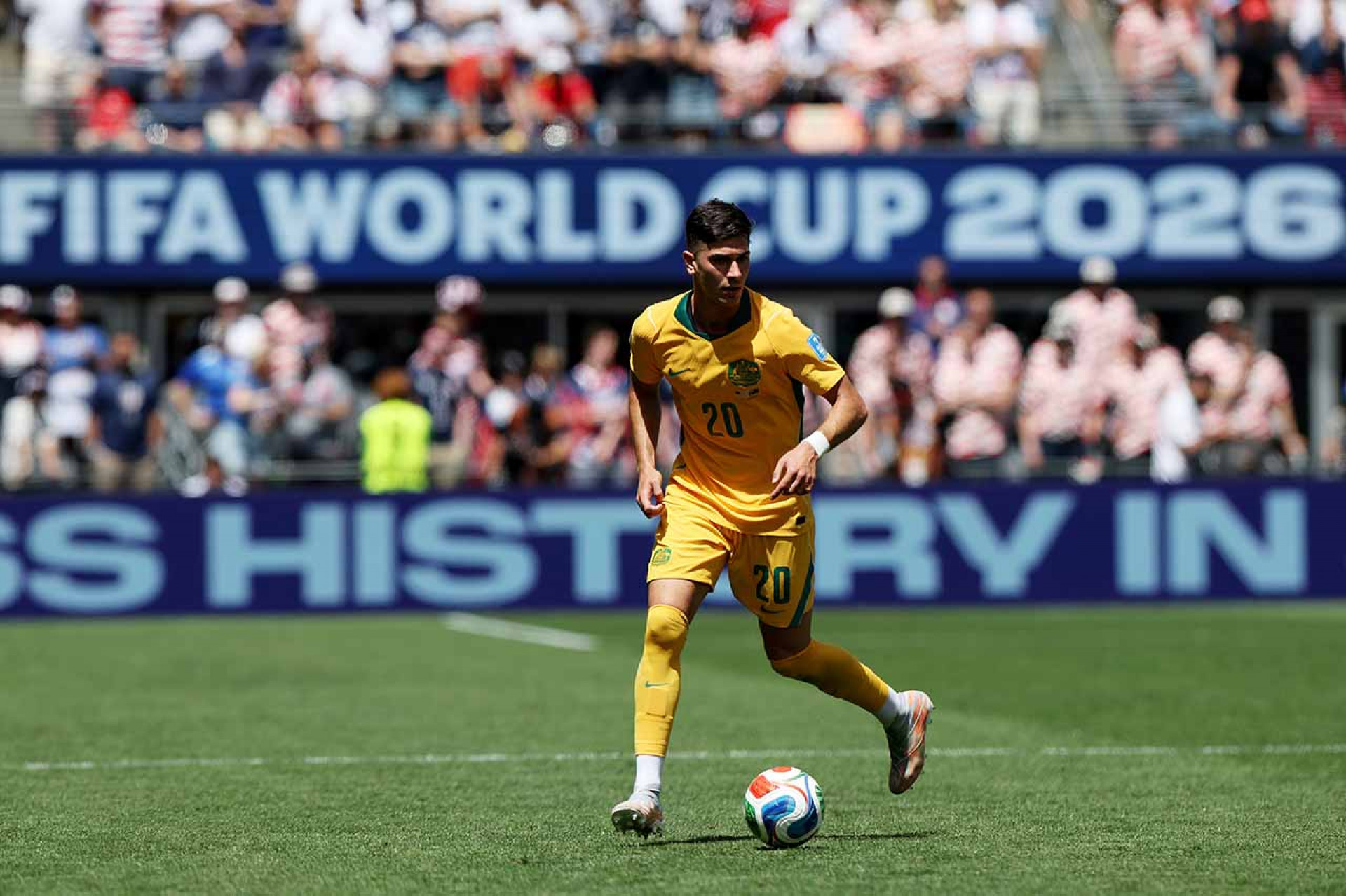 SEATTLE, WASHINGTON - JUNE 19: Cristian Volpato #20 of Australia controls the ball during the FIFA World Cup 2026 Group D match between USA and Australia at Seattle Stadium on June 19, 2026 in Seattle, Washington. (Photo by Emilee Chinn/Getty Images)