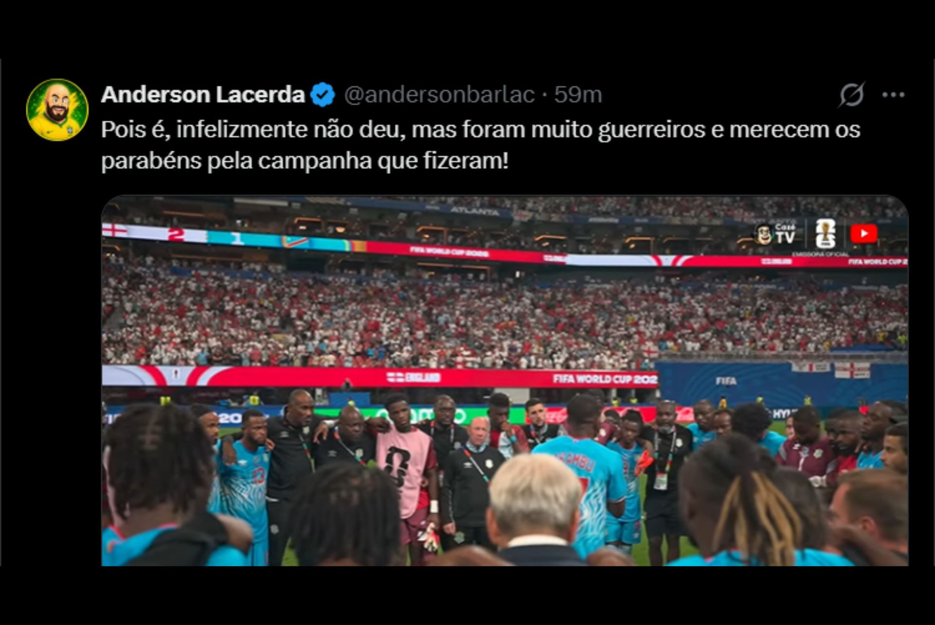 Brasileiros lamentam eliminação da RD Congo para a Inglaterra - Reprodução / X