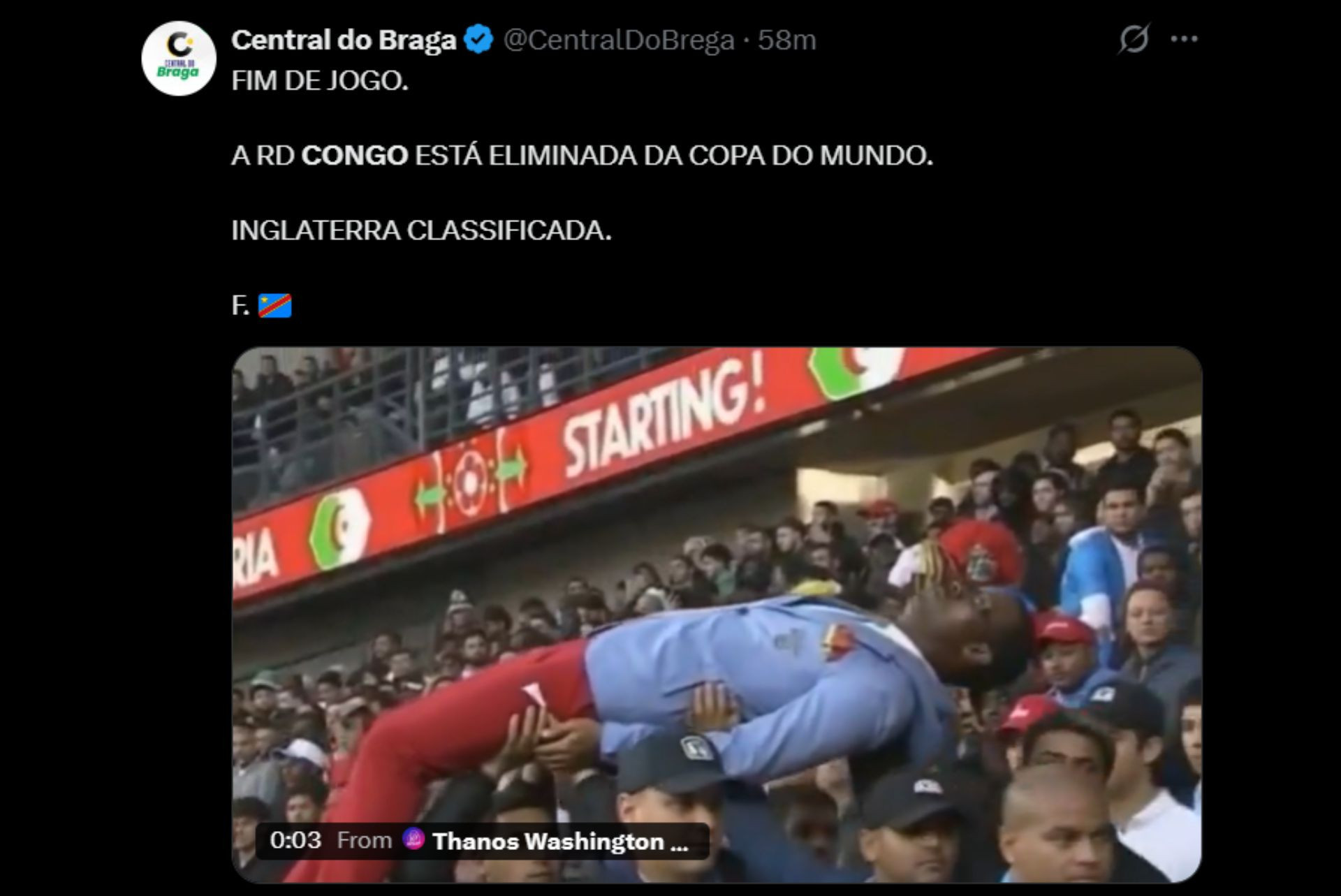 Brasileiros lamentam eliminação da RD Congo para a Inglaterra - Reprodução / X