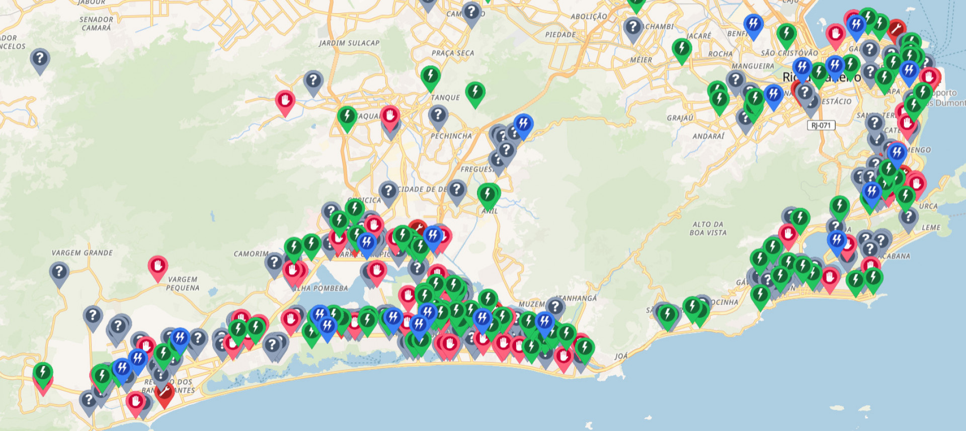 Mapa do site Carregados ainda n&atilde;o est&aacute; completo mas identifica a maioria dos eletropostos dispon&iacute;veis na regi&atilde;o - Reprodu&ccedil;&atilde;o/Carregados.com.br