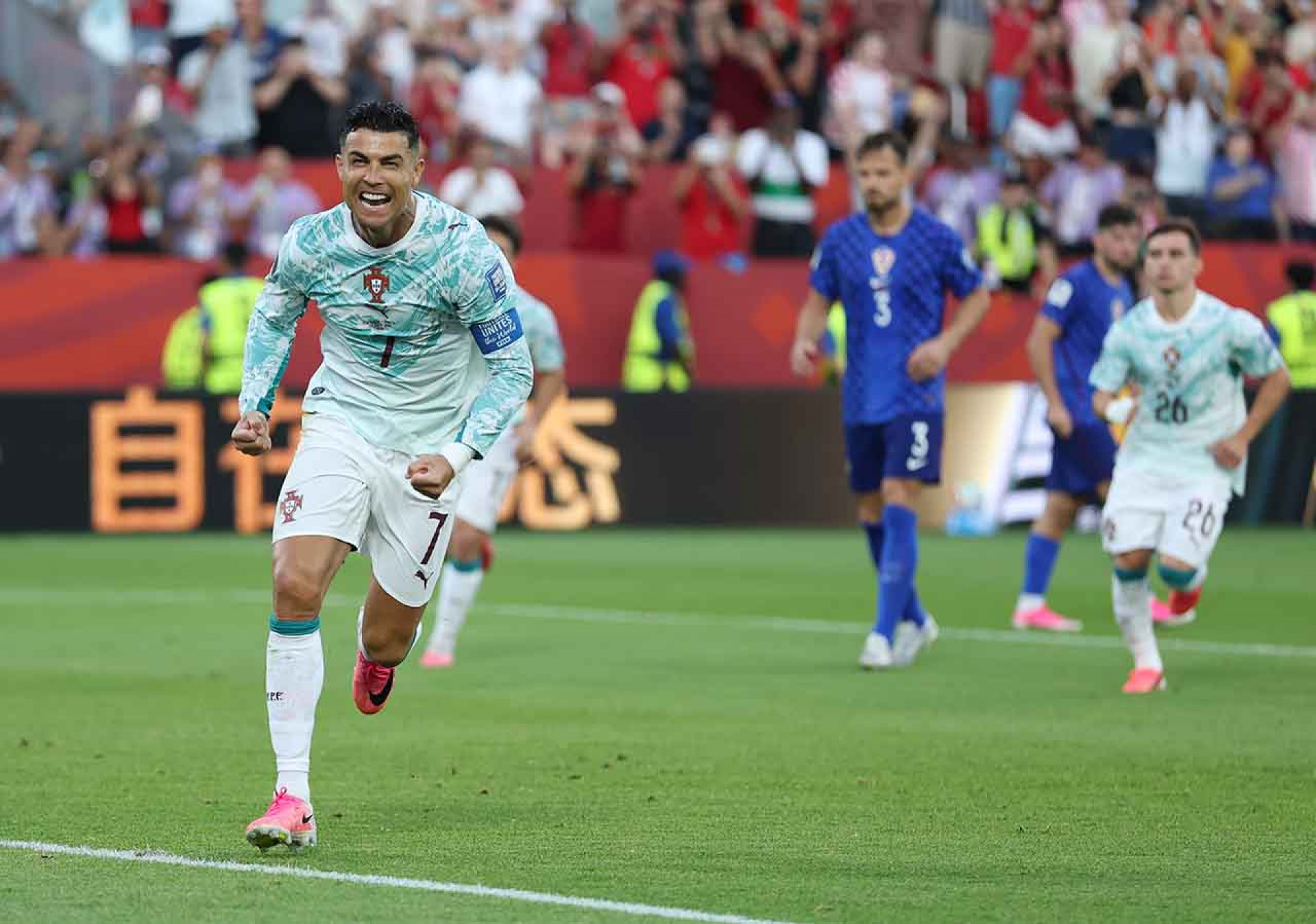 TORONTO, ONTARIO - JULY 02: Cristiano Ronaldo #7 of Portugal celebrates after scoring his team?s first goal during the FIFA World Cup 2026 Round of 32 match between Portugal and Croatia at Toronto Stadium on July 02, 2026 in Toronto, Ontario. (Photo by Dan Mullan/Getty Images)