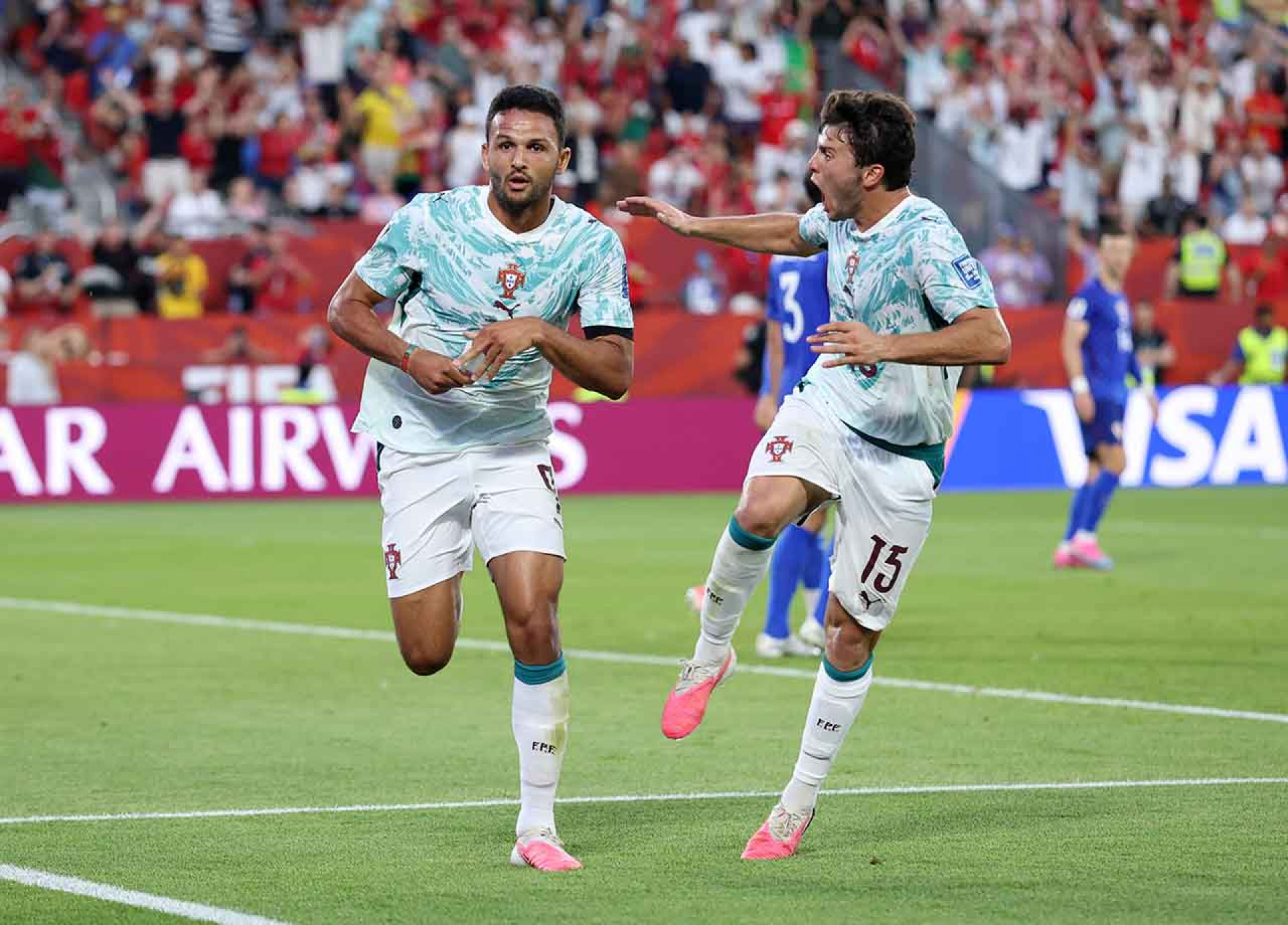 TORONTO, ONTARIO - JULY 02: Goncalo Ramos #9 of Portugal celebrates with Joao Neves #15 after scoring the team's second goal during the FIFA World Cup 2026 Round of 32 match between Portugal and Croatia at Toronto Stadium on July 02, 2026 in Toronto, Ontario. (Photo by Dan Mullan/Getty Images)