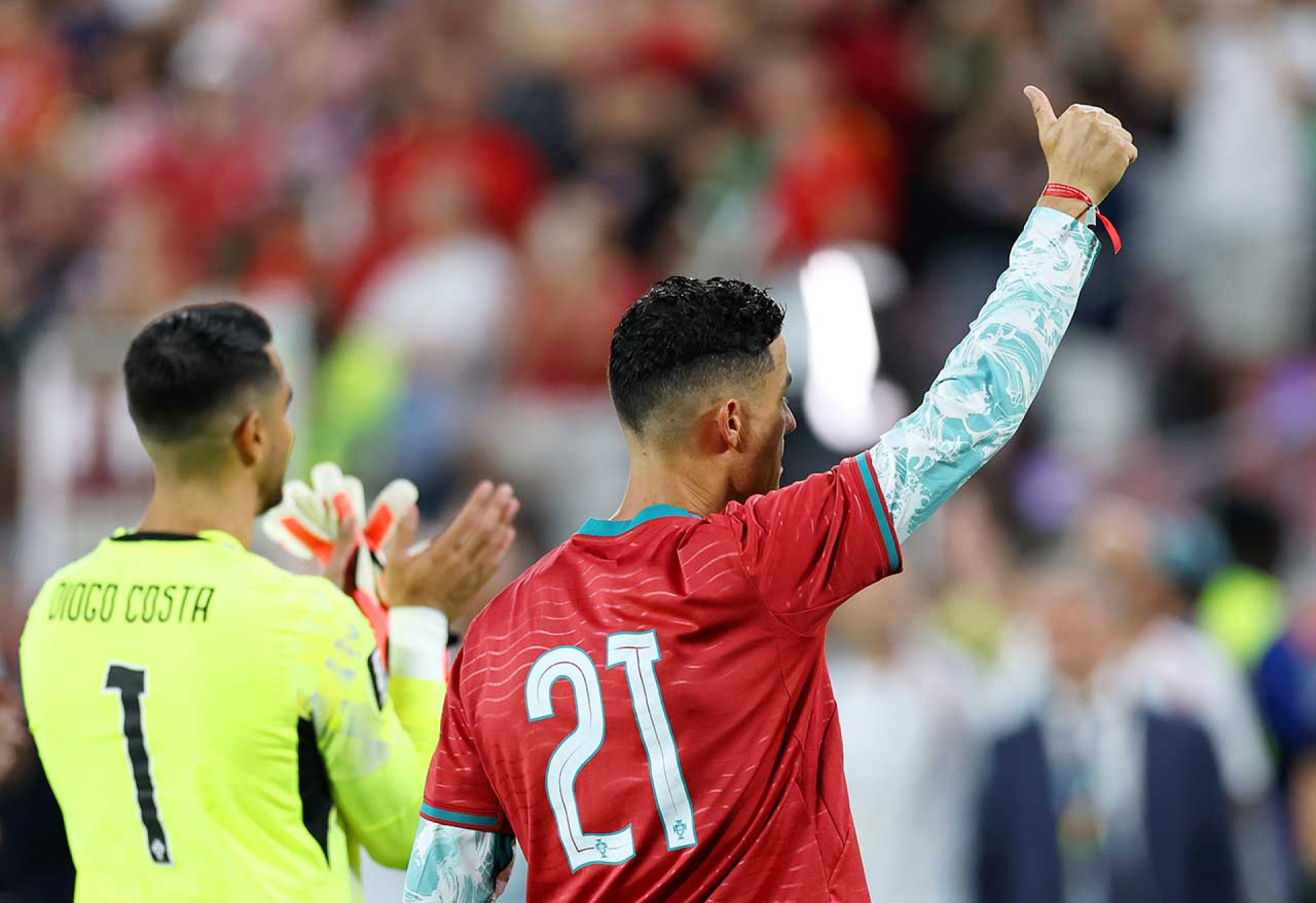 TORONTO, ONTARIO - JULY 02: Cristiano Ronaldo #7 of Portugal celebrates with a shirt in commemoration of late teammate Diogo Jota after the 2-1 win during the FIFA World Cup 2026 Round of 32 match between Portugal and Croatia at Toronto Stadium on July 02, 2026 in Toronto, Ontario. (Photo by Buda Mendes/Getty Images)