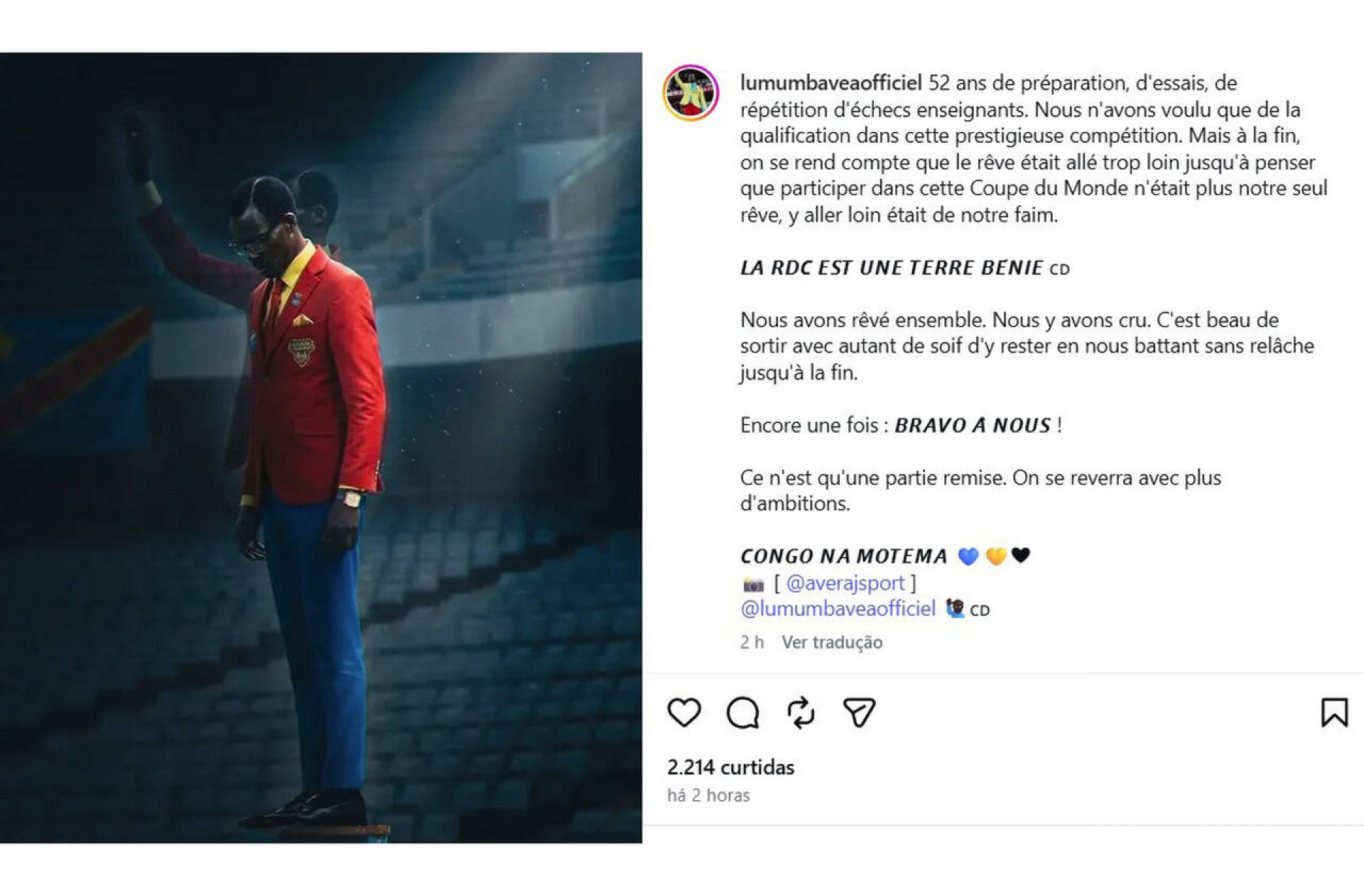 Torcedor est&aacute;tua da RD Congo se despede da Copa com carta emocionante