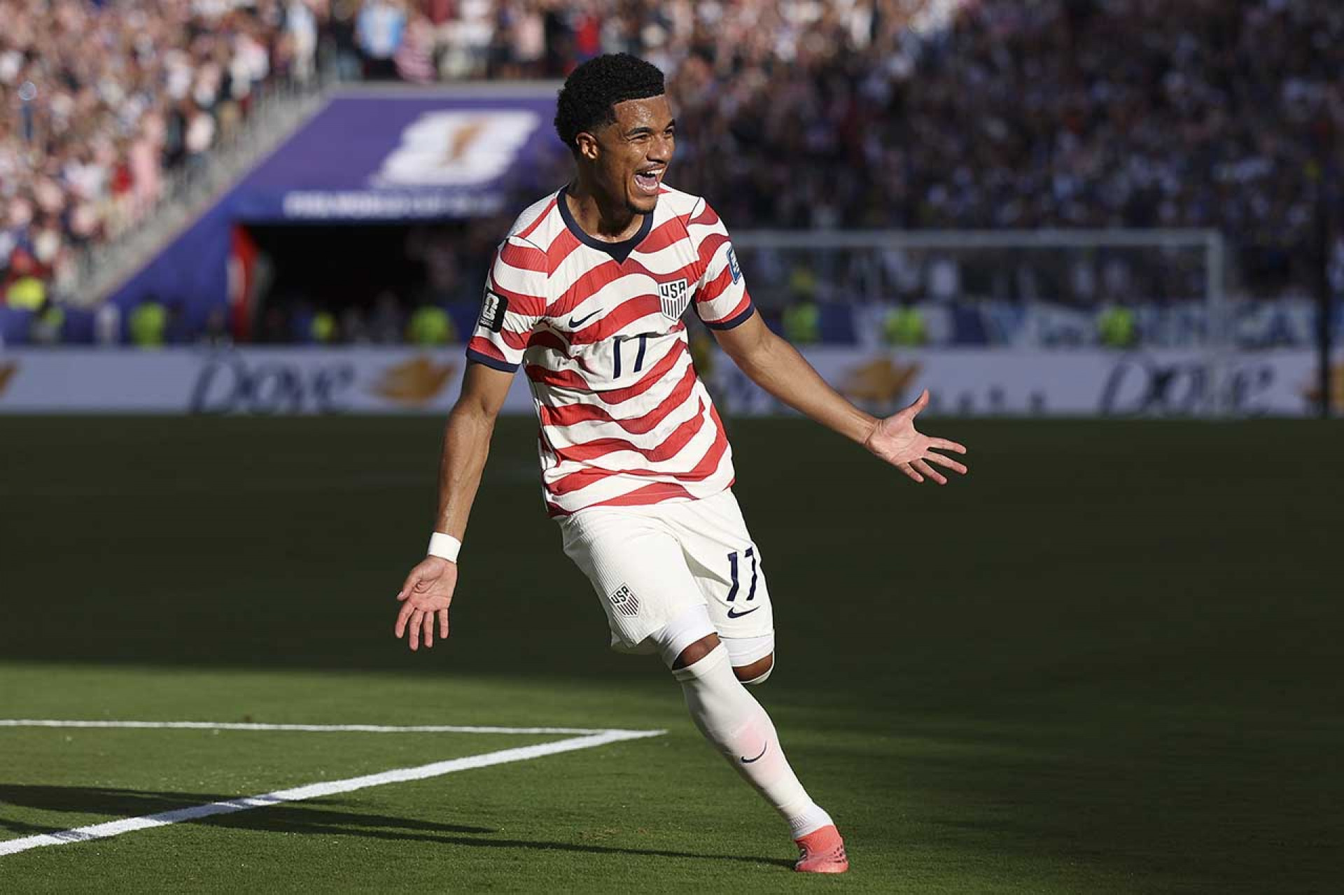 SANTA CLARA, CALIFORNIA - JULY 01: Malik Tillman #17 of the United States celebrates scoring his team's second goal during the FIFA World Cup 2026 Round of 32 match between USA and Bosnia and Herzegovina at San Francisco Bay Area Stadium on July 01, 2026 in Santa Clara, California. (Photo by Charlotte Wilson/Getty Images)