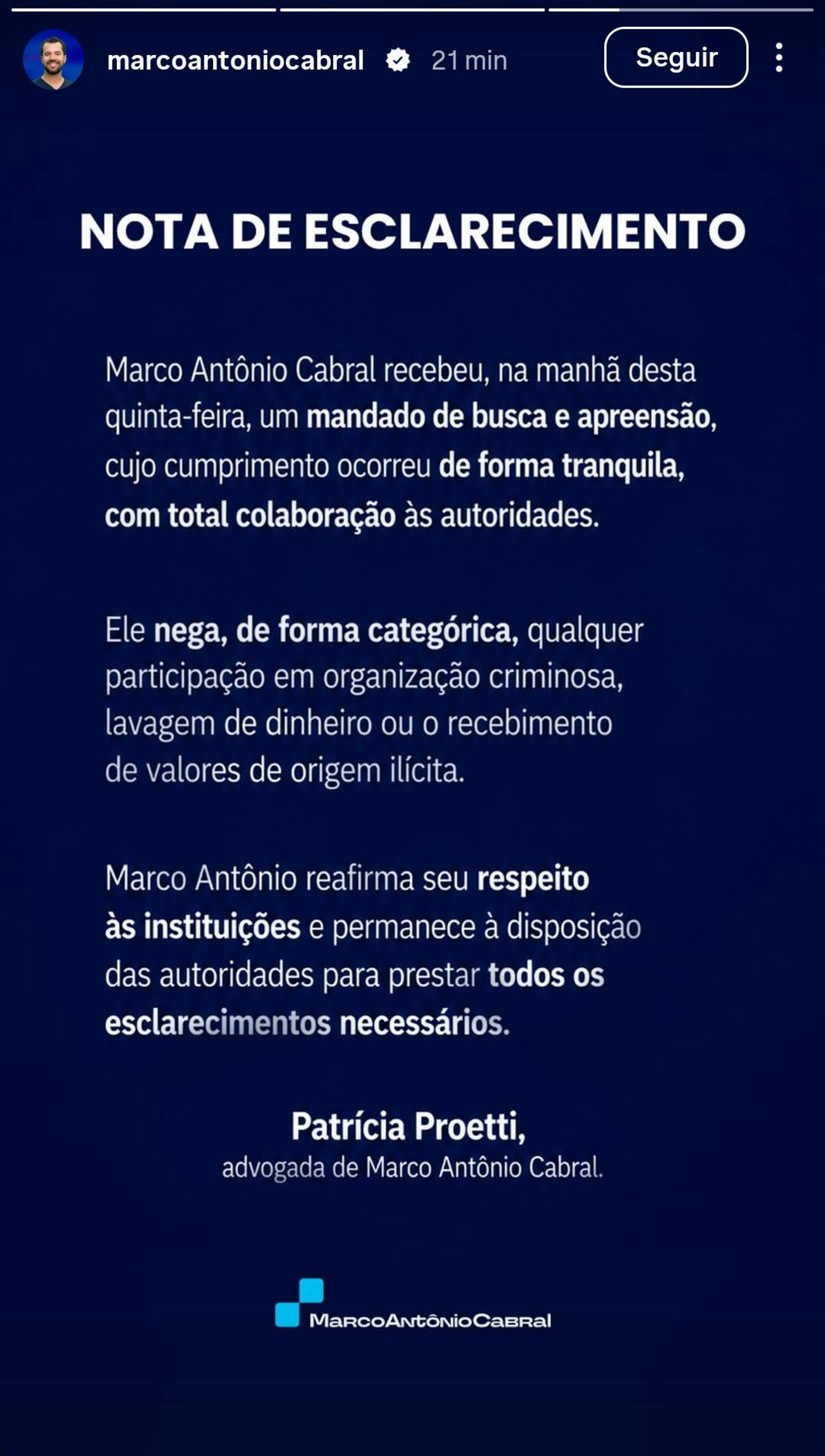 Marco Antônio Cabral se pronunciou sobre busca e apreensão na Operação Unha e Carne, da PF - Reprodução / Instagram