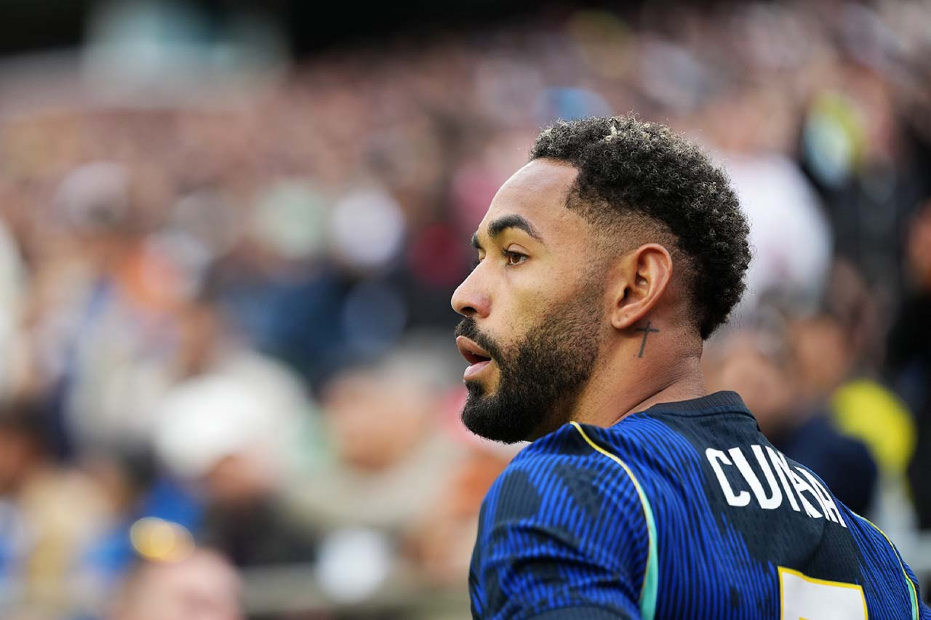 FOXBOROUGH, MASSACHUSETTS - MARCH 26: Matheus Cunha of Brazil looks on during the international friendly match between Brazil and France at Gillette Stadium on March 26, 2026 in Foxborough, Massachusetts.  (Photo by Michael Owens/Getty Images)