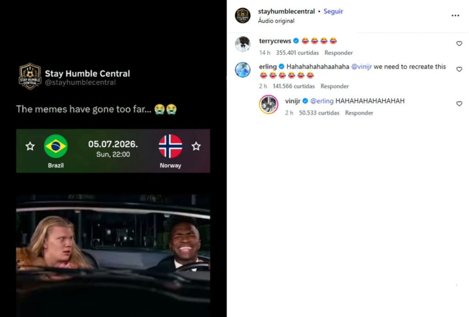 Vini Jr e Haaland se divertem com meme de “As Branquelas” antes de jogo decisivo na Copa