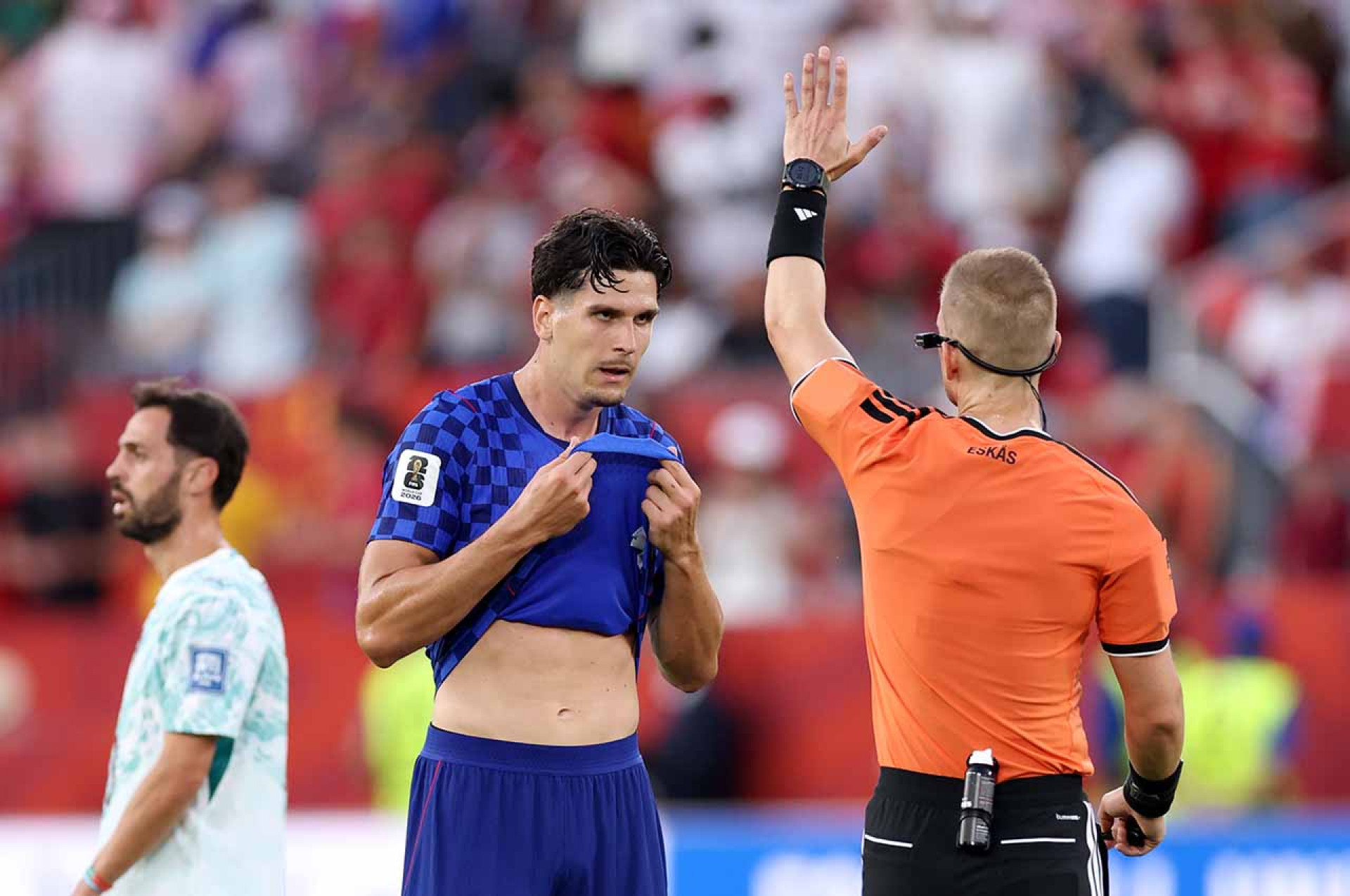 TORONTO, ONTARIO - JULY 02: Igor Matanovic #20 of Croatia argues with referee Espen Eskas during the FIFA World Cup 2026 Round of 32 match between Portugal and Croatia at Toronto Stadium on July 02, 2026 in Toronto, Ontario. (Photo by Justin Setterfield/Getty Images)