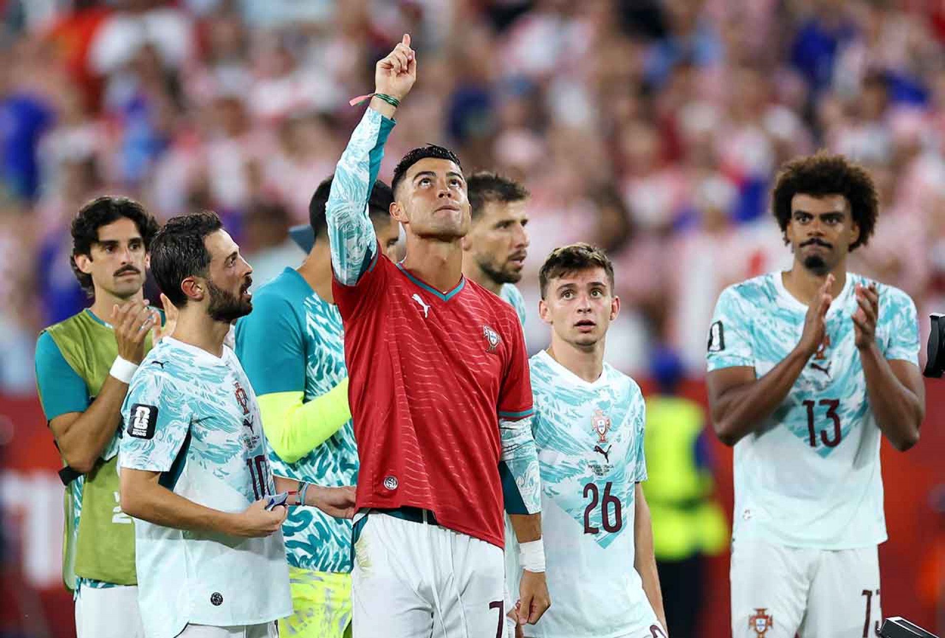 TORONTO, ONTARIO - JULY 02: Cristiano Ronaldo #7 of Portugal celebrates with a shirt in commemoration of late teammate Diogo Jota after the 2-1 win during the FIFA World Cup 2026 Round of 32 match between Portugal and Croatia at Toronto Stadium on July 02, 2026 in Toronto, Ontario. (Photo by Buda Mendes/Getty Images)