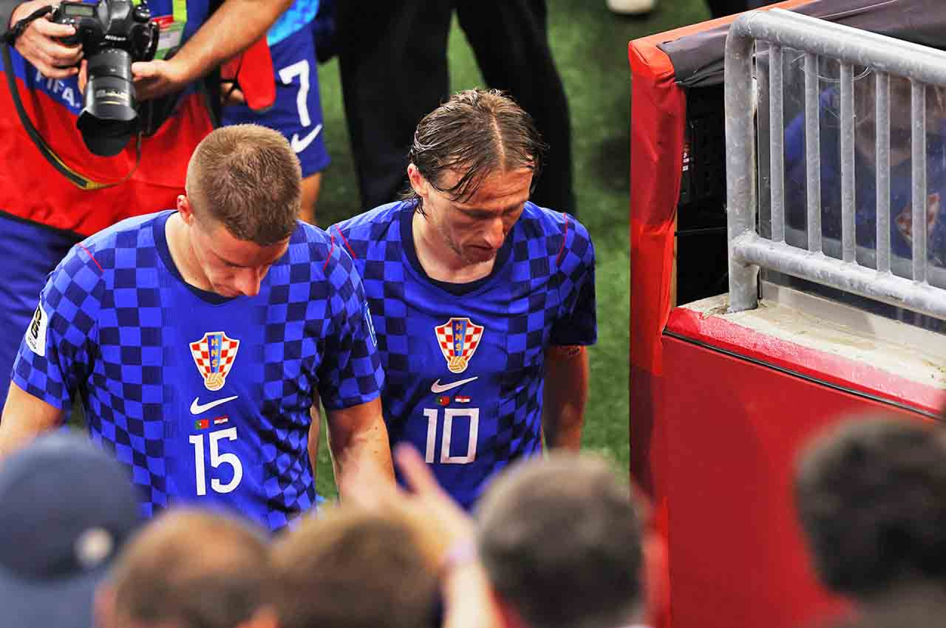 TORONTO, ONTARIO - JULY 02: Mario Pasalic #15 and Luka Modric #10 of Croatia walk off the pitch after the 1-2 loss during the FIFA World Cup 2026 Round of 32 match between Portugal and Croatia at Toronto Stadium on July 02, 2026 in Toronto, Ontario. (Photo by Mattia Ozbot/Getty Images)