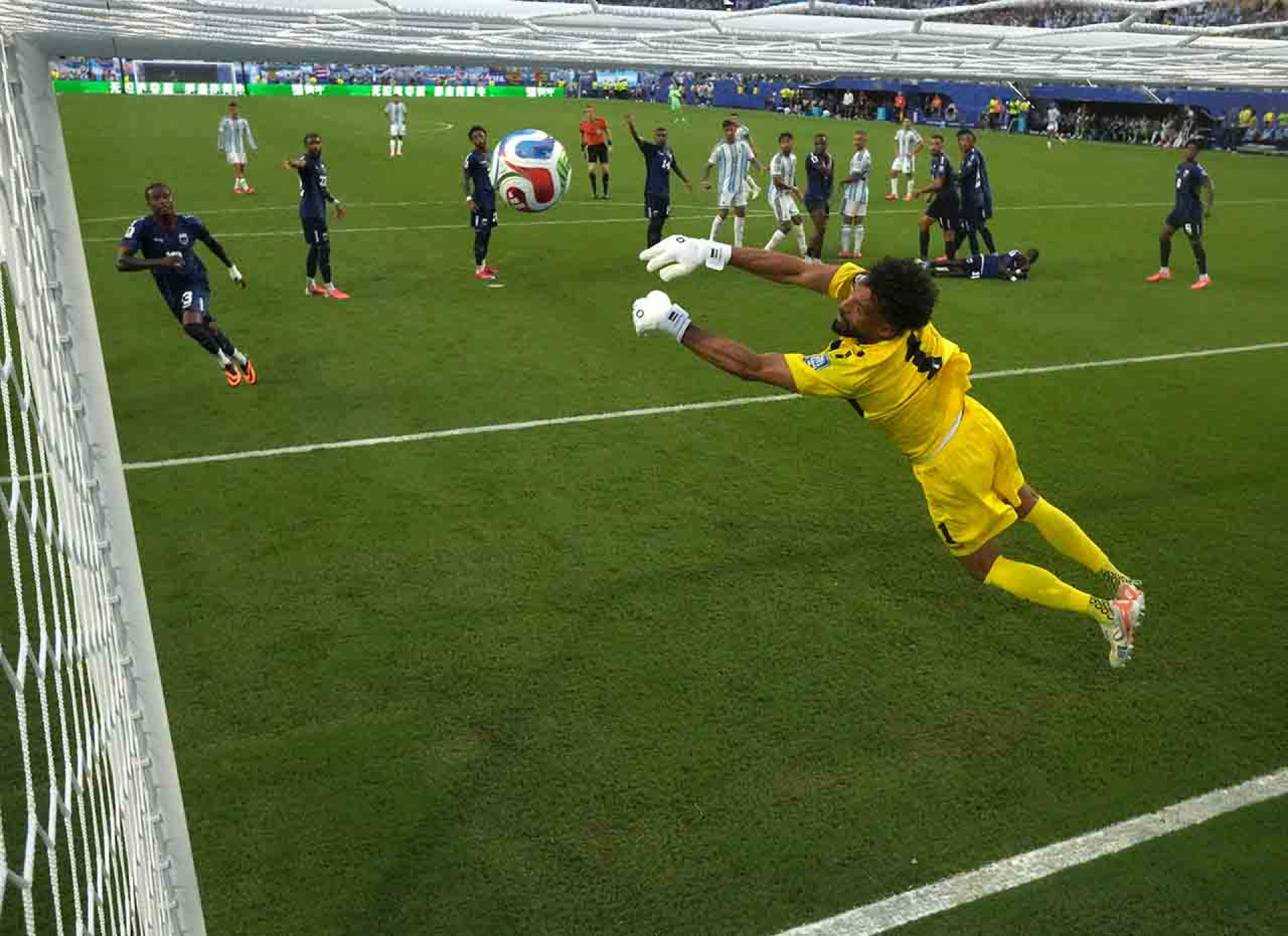MIAMI GARDENS, FLORIDA - JULY 03: (EDITOR'S NOTE: Image was captured using a remote camera inside of the goal.) Vozinha #1 of Cabo Verde makes a save during the FIFA World Cup 2026 Round of 32 match between Argentina and Cabo Verde at Miami Stadium on July 03, 2026 in Miami Gardens, Florida. (Photo by Robert Cianflone/Getty Images)