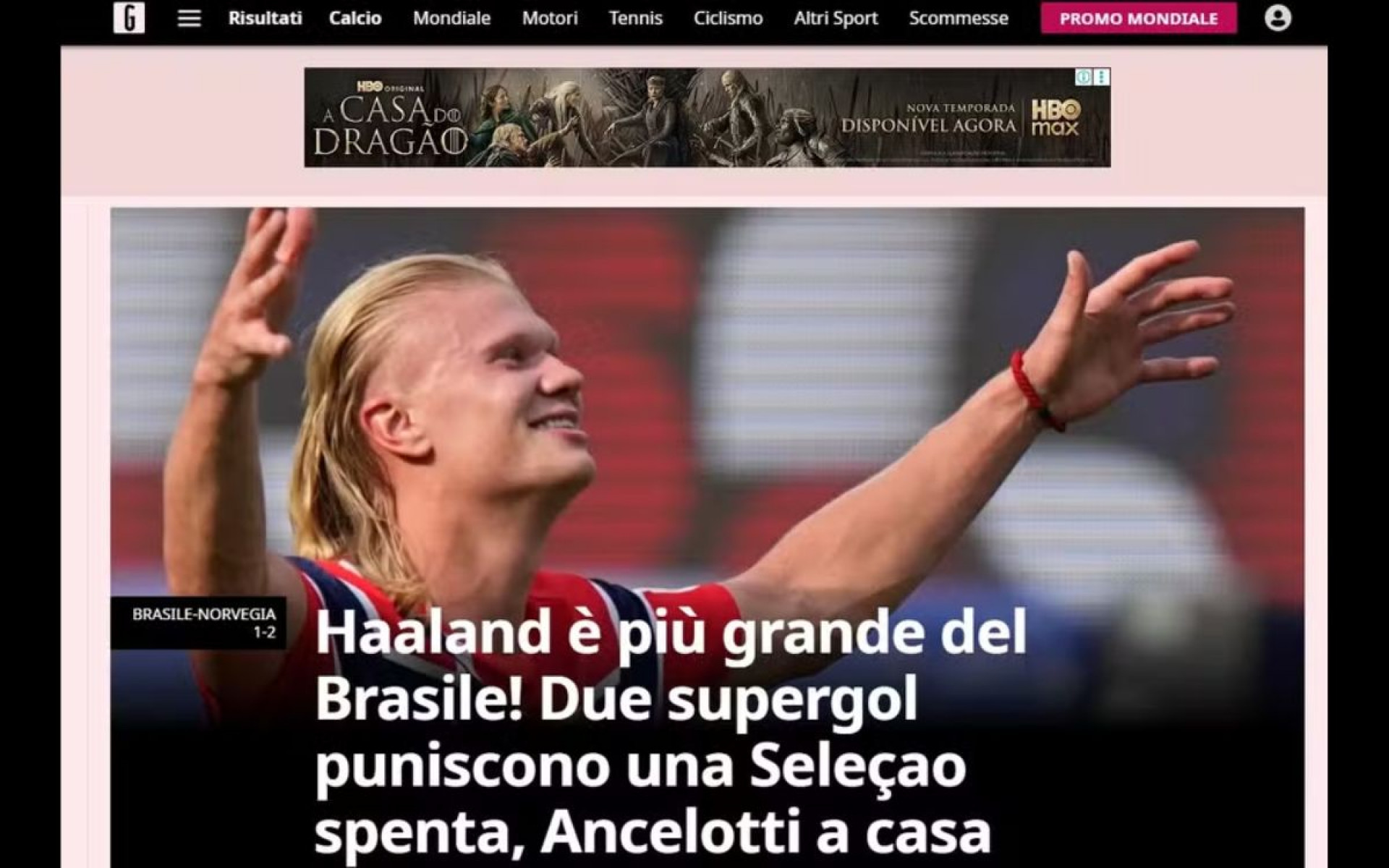 Repercuss&atilde;o da derrota do Brasil para a Noruega no 'Gazzetta dello Sport', da It&aacute;lia - Reprodu&ccedil;&atilde;o / Gazzetta dello Sport