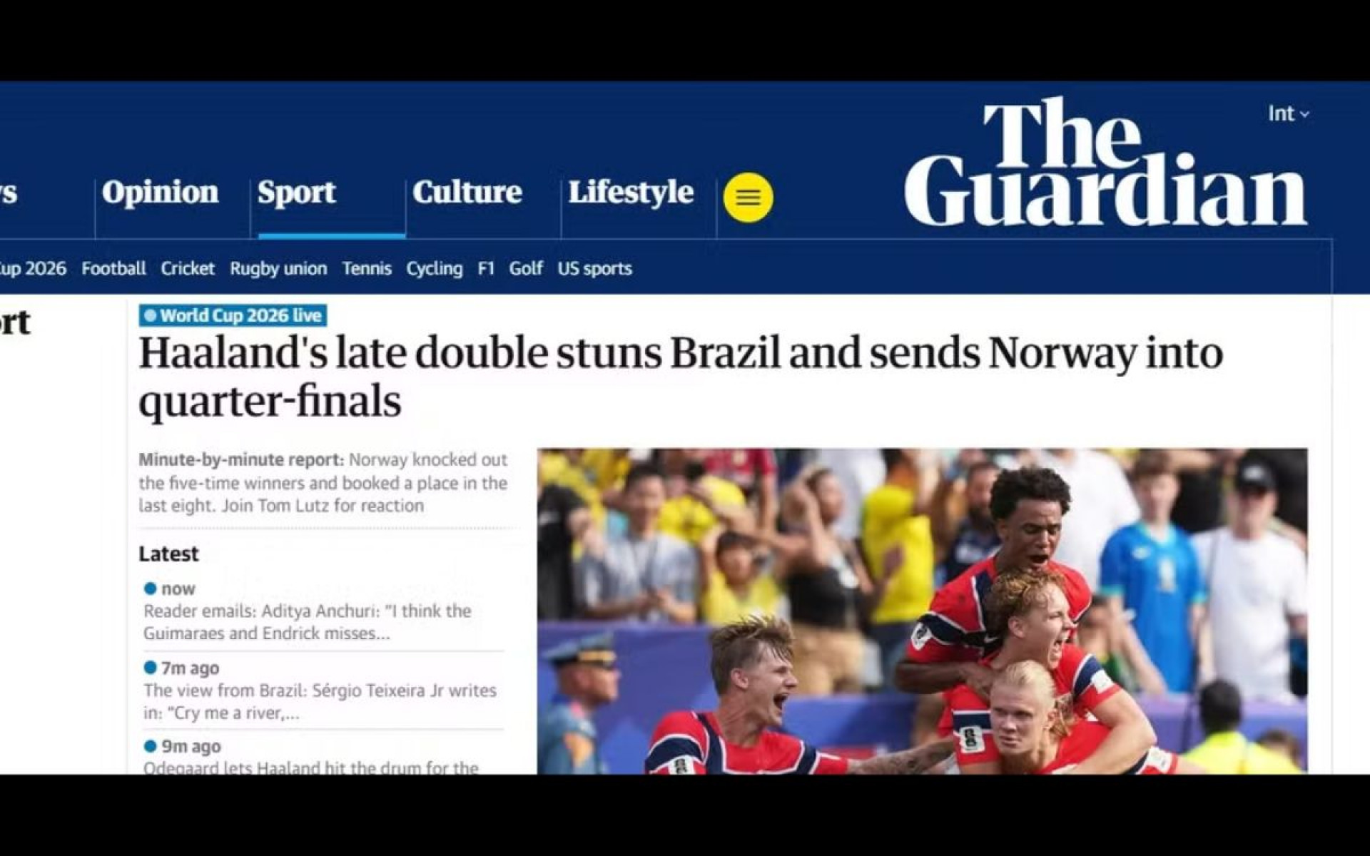 Repercuss&atilde;o da derrota do Brasil para a Noruega no 'The Guardian', da Inglaterra - Reprodu&ccedil;&atilde;o / The Guardian