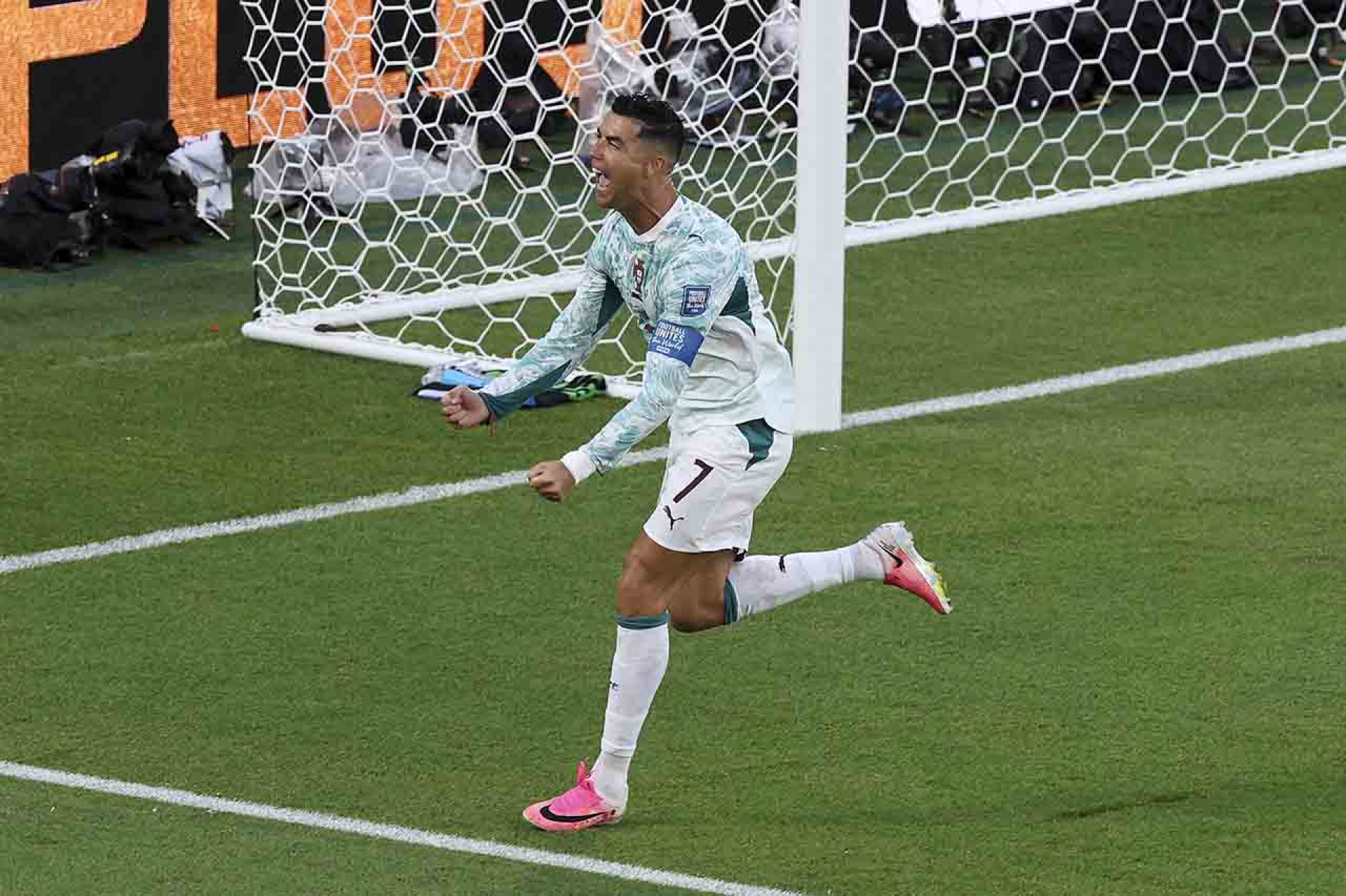 TORONTO, ONTARIO - JULY 02: Cristiano Ronaldo #7 of Portugal celebrates after scoring his team?s first goal during the FIFA World Cup 2026 Round of 32 match between Portugal and Croatia at Toronto Stadium on July 02, 2026 in Toronto, Ontario. (Photo by Mattia Ozbot/Getty Images)