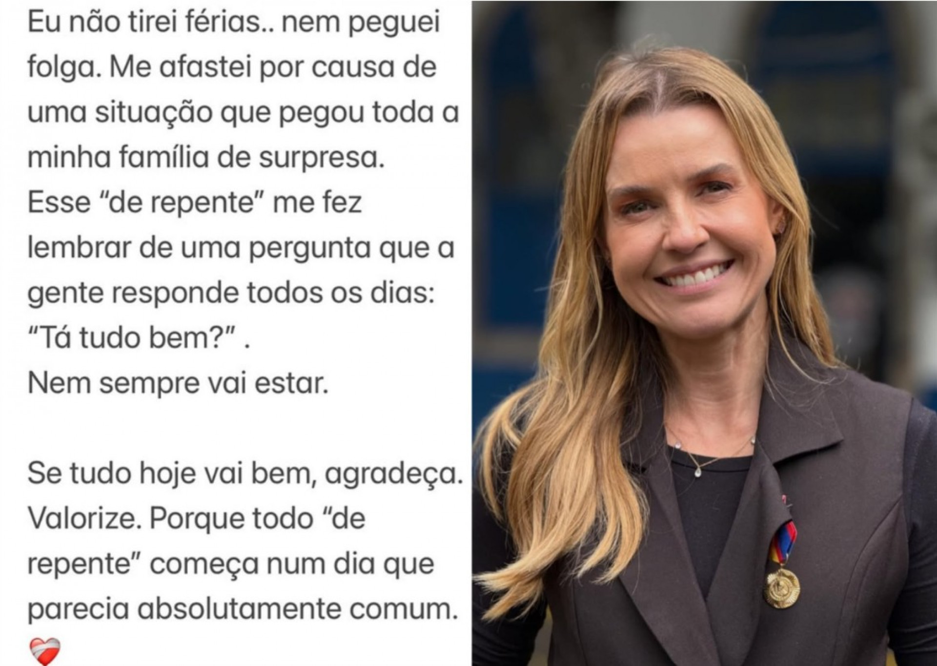 Apresentadora Silvana Ramiro contou aos seguidores que o afastamento do trabalho se deve por conta de uma situação familiar inesperada - Reprodução / Instagram