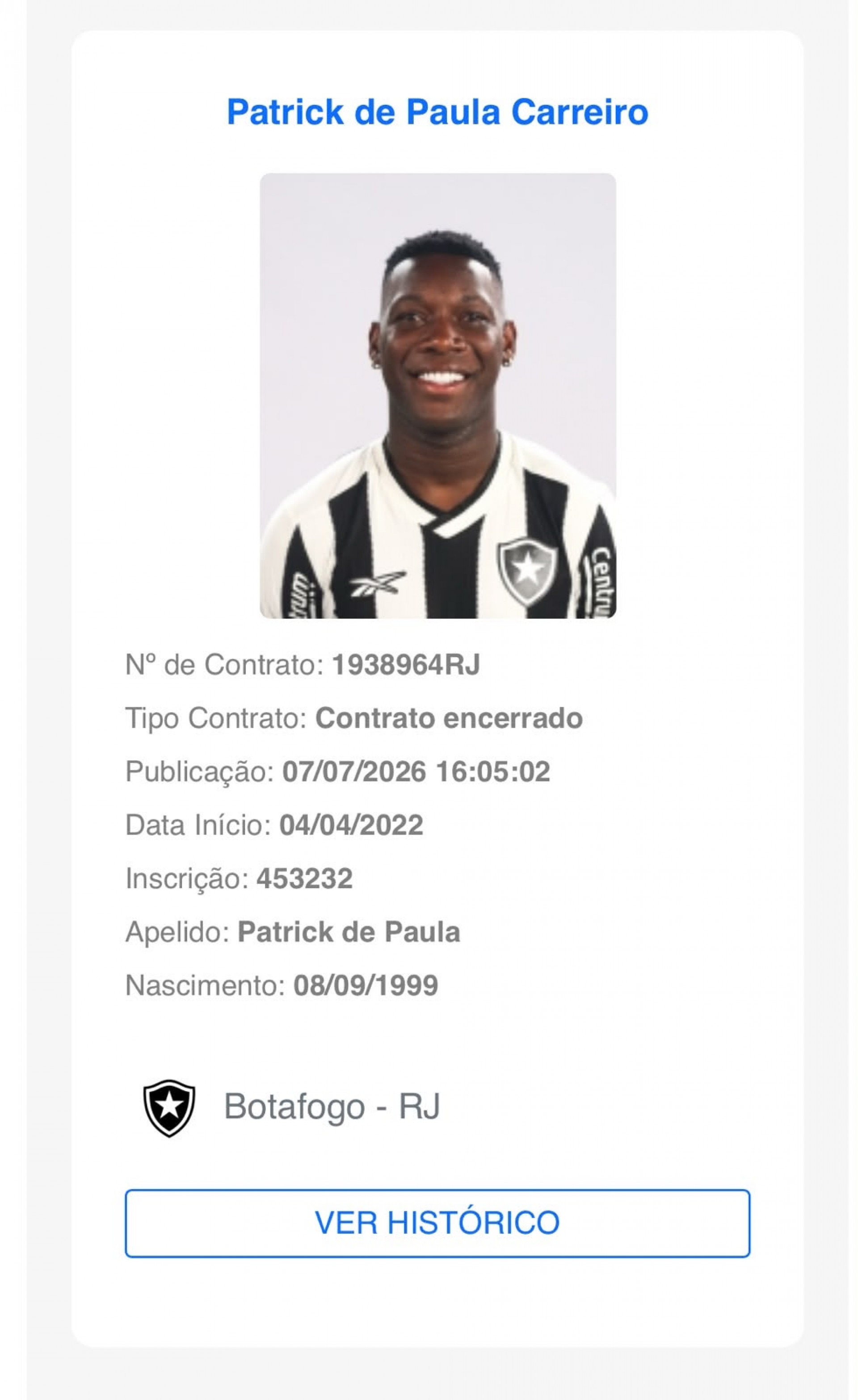 Registro no BID do contrato encerrado de Patrick de Paula com o Botafogo - Reprodu&ccedil;&atilde;o / CBF