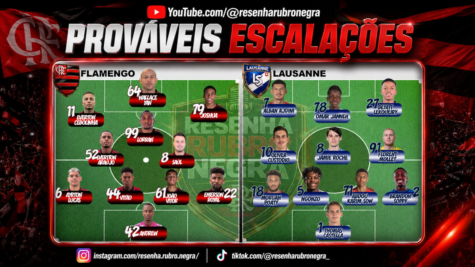 Prov&aacute;veis escala&ccedil;&otilde;es de Flamengo e Lausanne - Montagem Canal do Youtube Resenha Rubro Negra