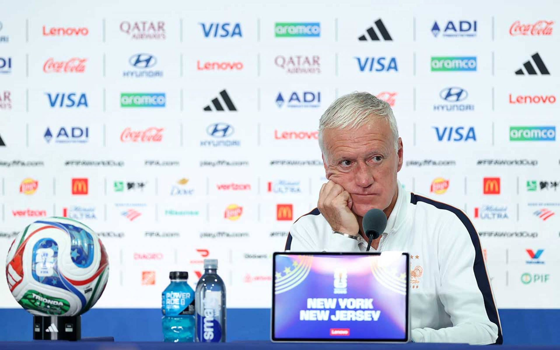 EAST RUTHERFORD, NEW JERSEY - JUNE 29: Didier Deschamps, Head Coach of France, speaks during a press conference ahead of the FIFA World Cup 2026 Round Of 32 match between Group France and Sweden at New York New Jersey Stadium on June 29, 2026 in East Rutherford, New Jersey. (Photo by Justin Setterfield/Getty Images)