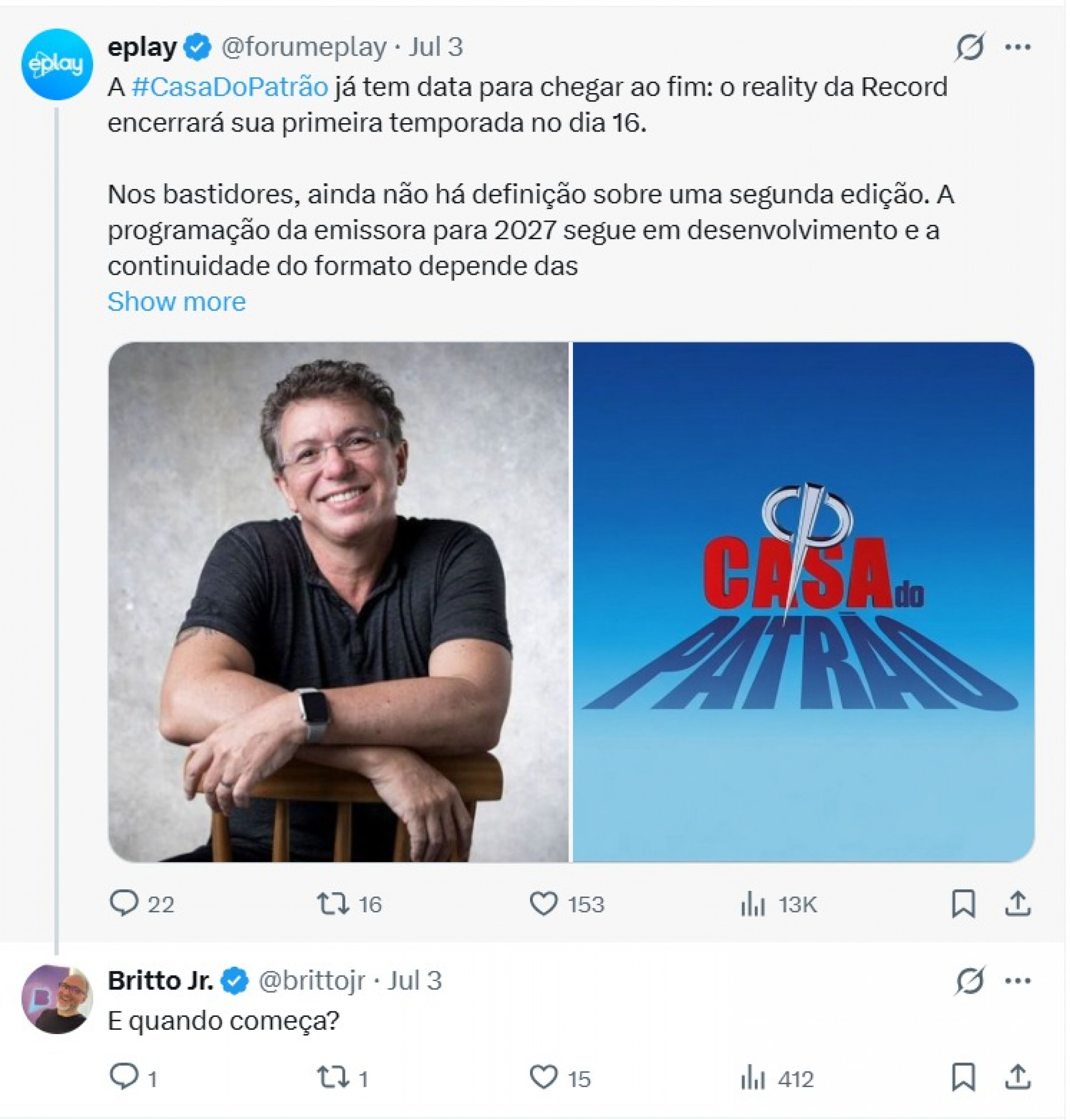 Britto Jr. fez uma série de comentários sobre o reality 'A Casa do Patrão' - Reprodução / X