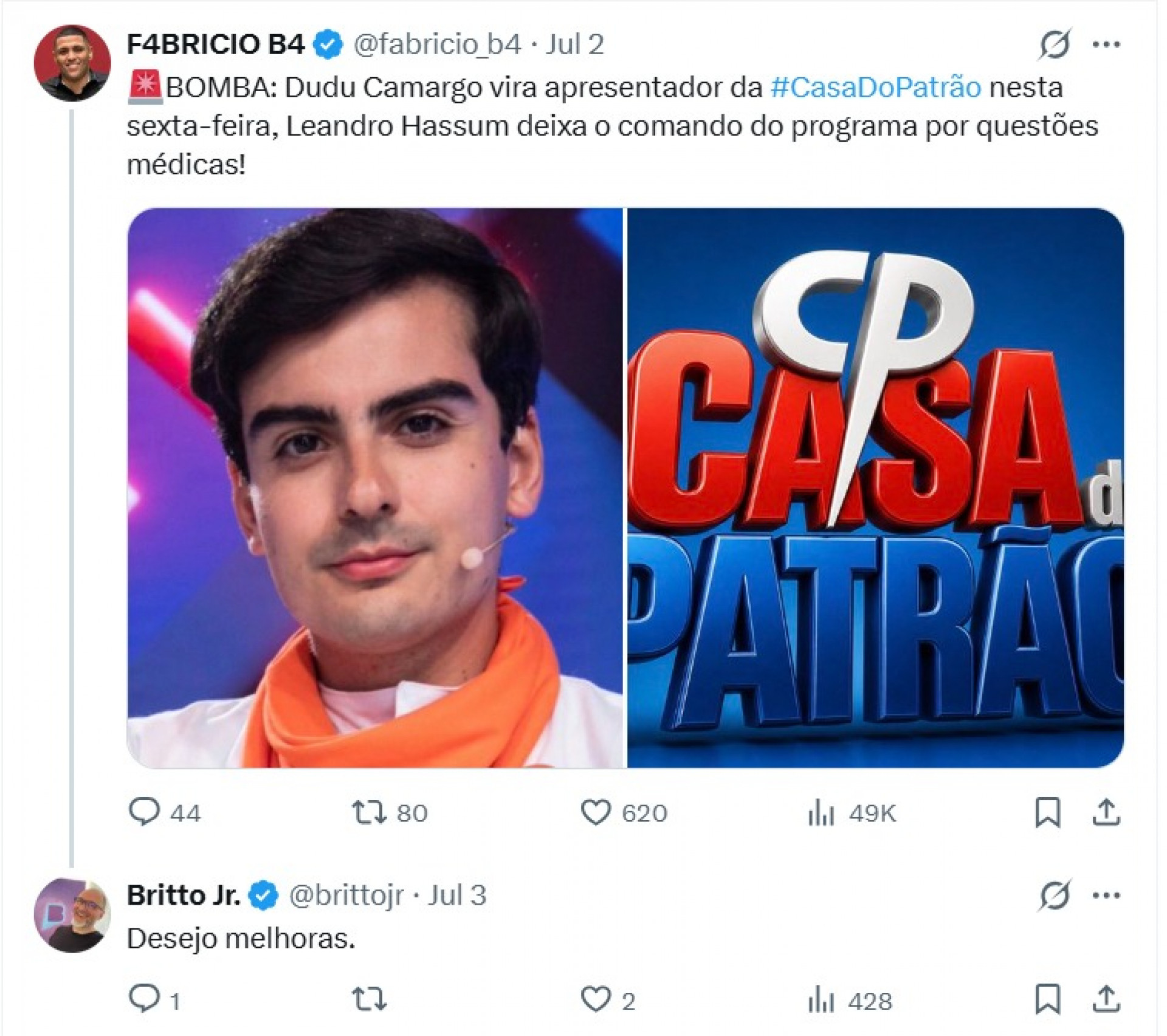 Britto Jr. fez uma série de comentários sobre o reality 'A Casa do Patrão' - Reprodução / X
