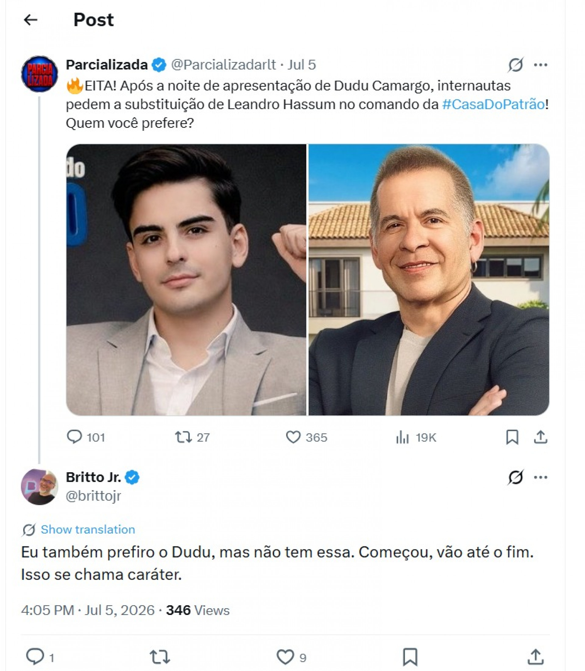 Britto Jr. fez uma série de comentários sobre o reality 'A Casa do Patrão' - Reprodução / X