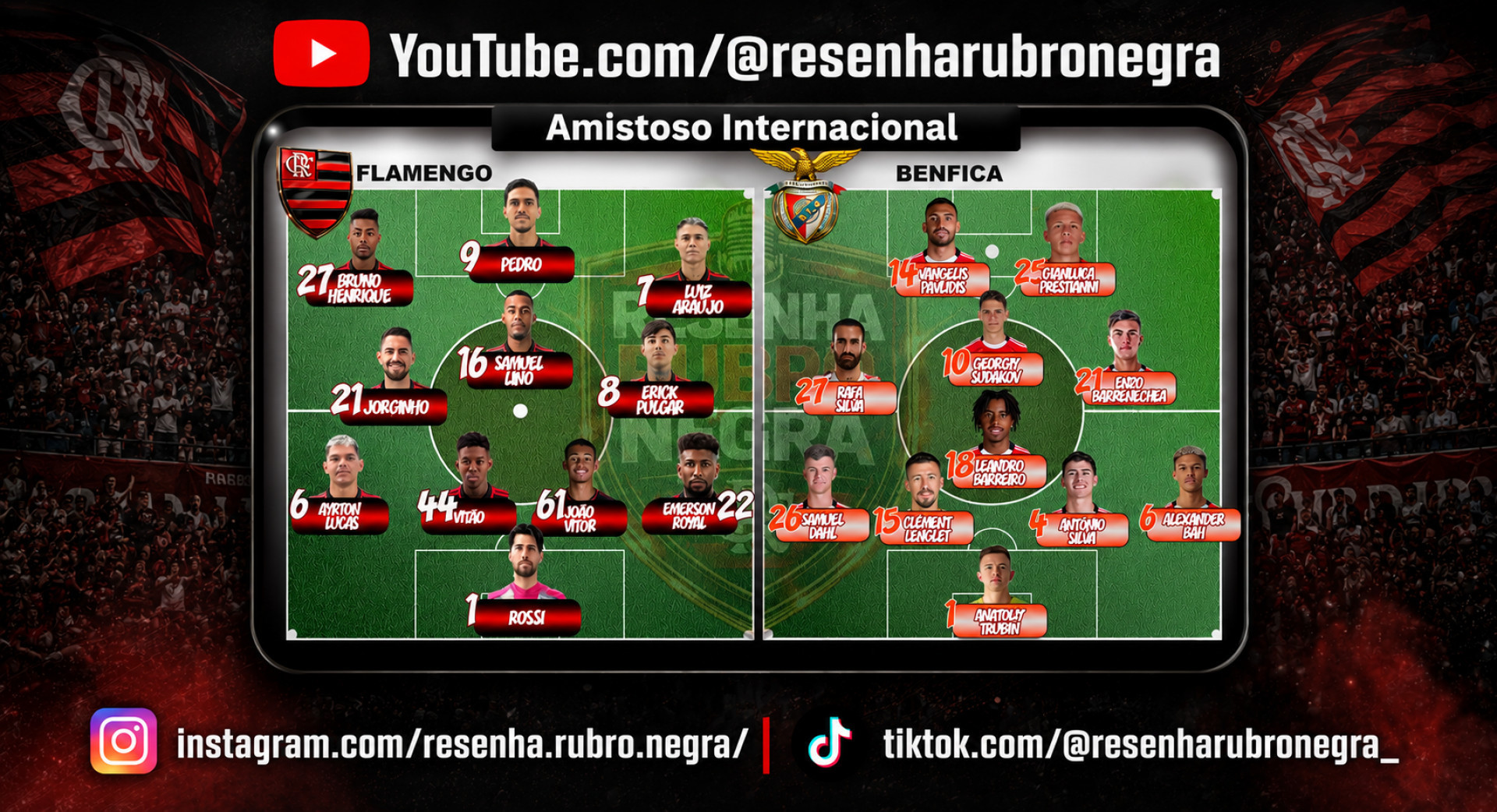 As prov&aacute;veis escala&ccedil;&otilde;es de Flamengo e Benfica para o Tornei Algarve - Canal do Youtube Resenha Rubro Negra
