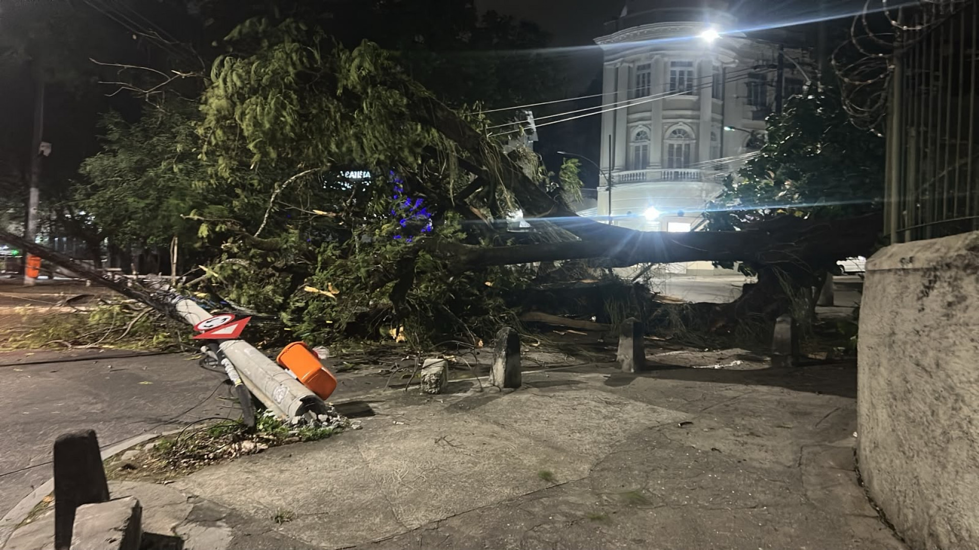 Quedas de uma &aacute;rvore e um poste na Rua Andrade Neves, na Tijuca
