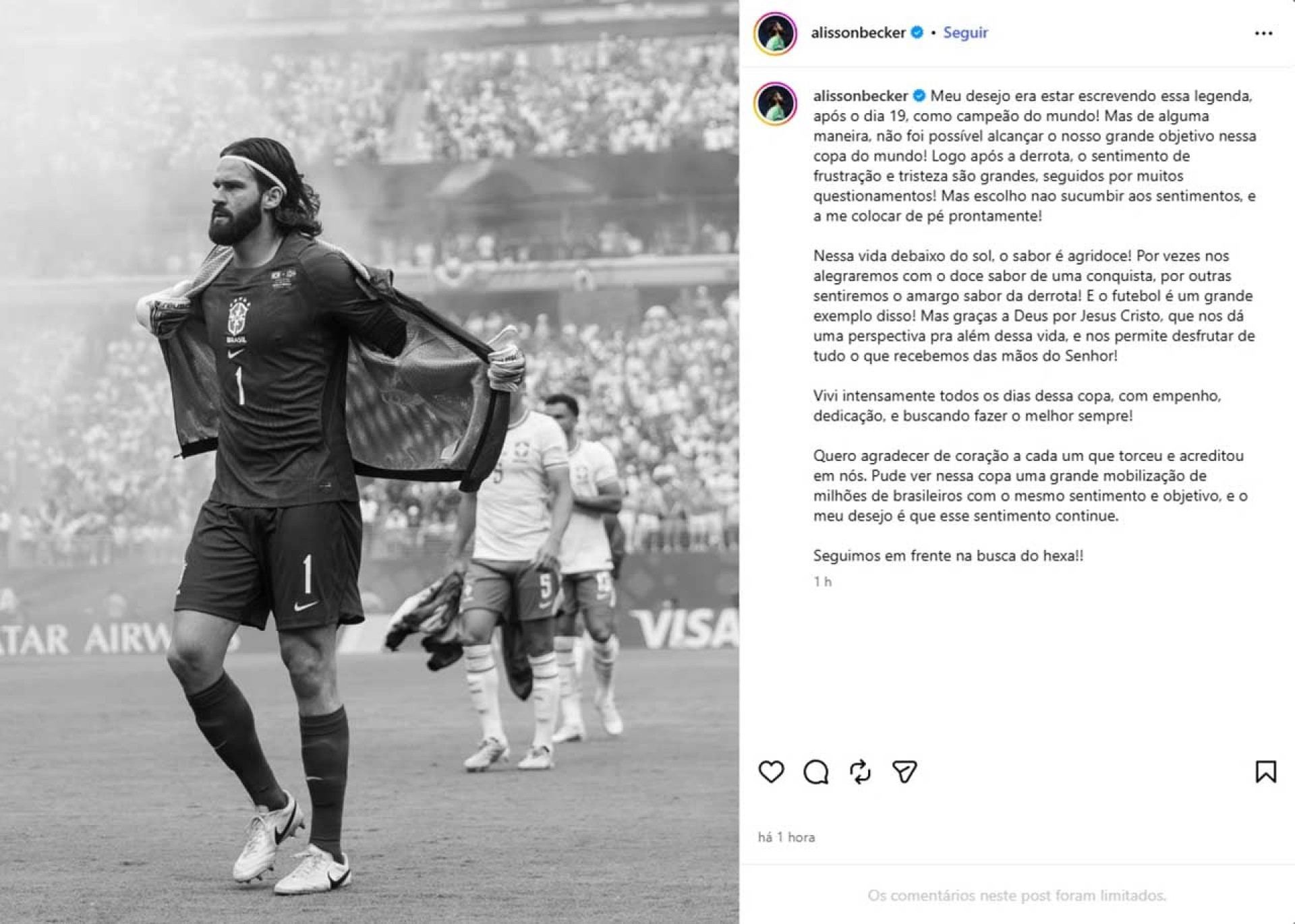 Alisson se manifesta nas redes sociais uma semana ap&oacute;s elimina&ccedil;&atilde;o do Brasil na Copa do Mundo