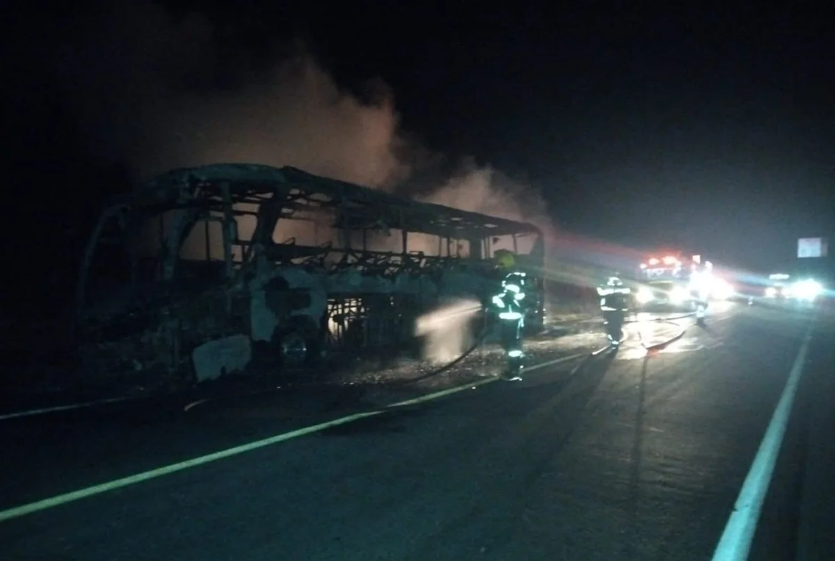 Ônibus com 41 passageiros pega fogo em MG