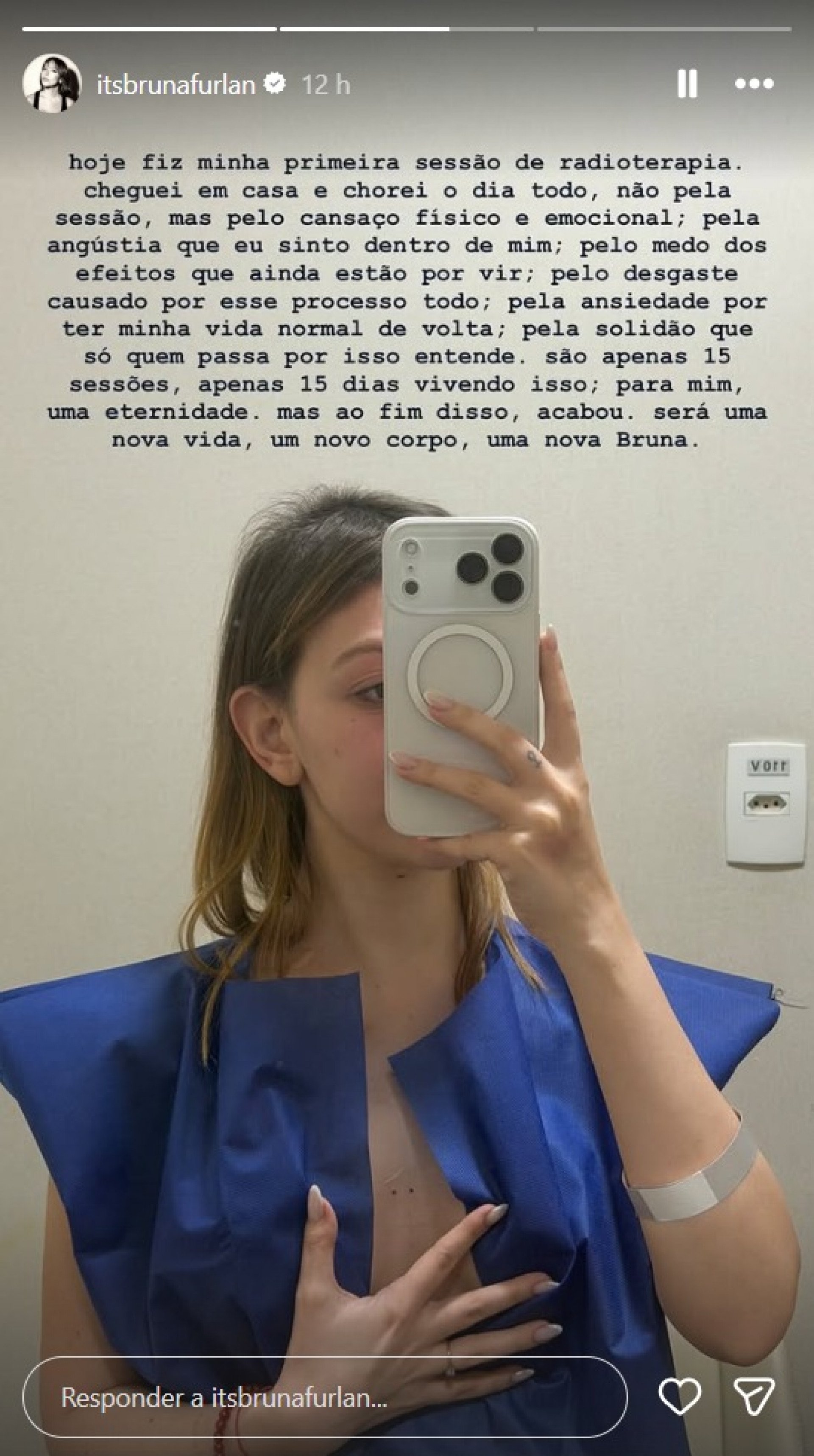 Bruna Furlan relatou medo, ansiedade e cansaço emocional ao iniciar nova etapa do tratamento contra o câncer - Reprodução / Instagram