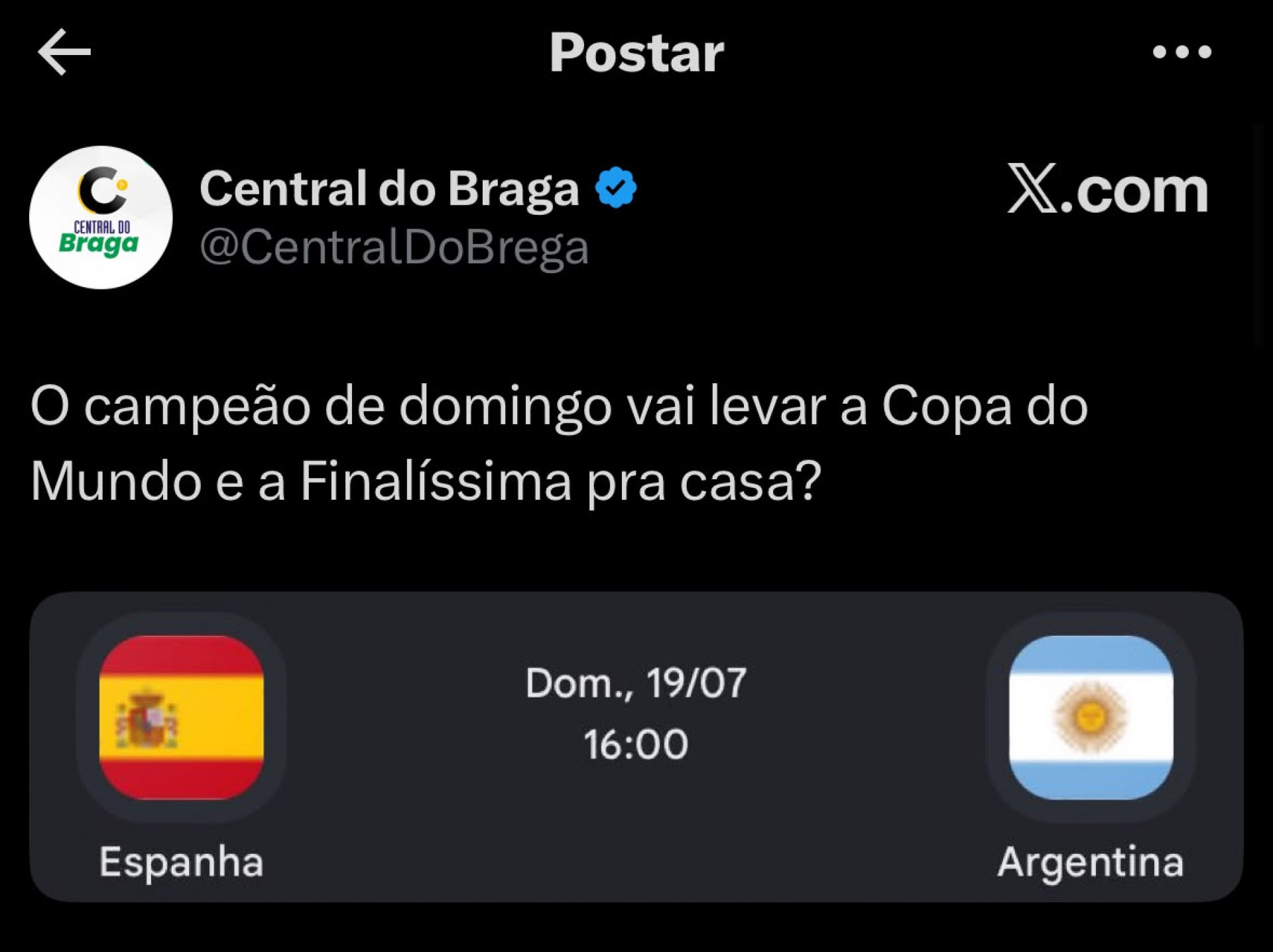 Decisão colocará Espanha, atual campeã da Euro, e Argentina, atual campeã da Copa América, frente a frente - Reprodução / X