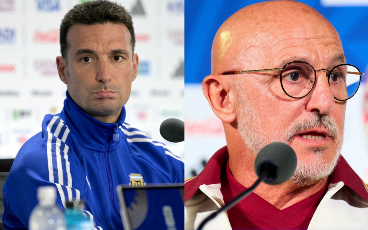 À esquerda, o técnico da Argentina, Lionel Scaloni; à direita, o técnico espanhol Luis de la Fuente